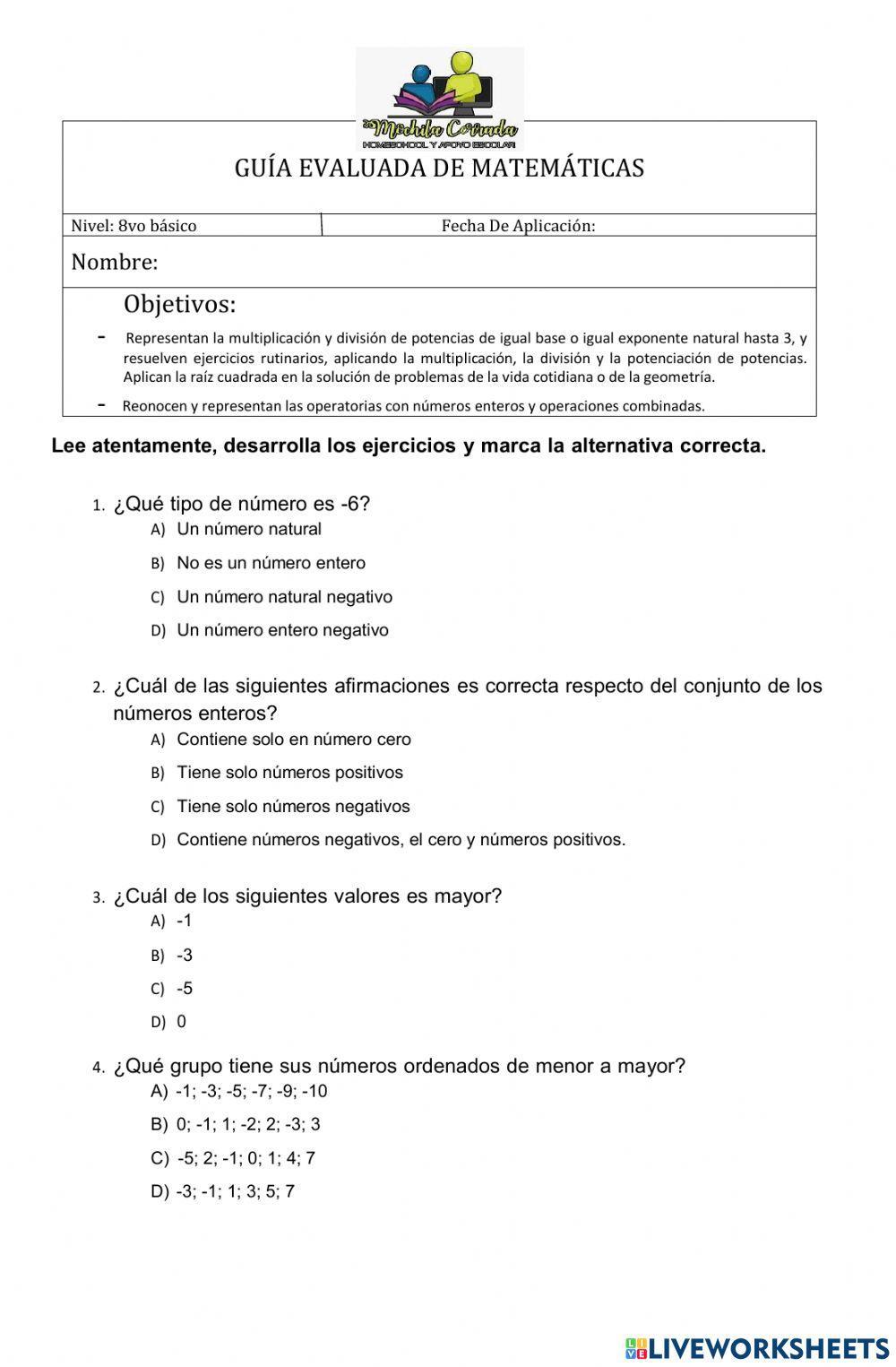 Prueba matemáticas 8vo