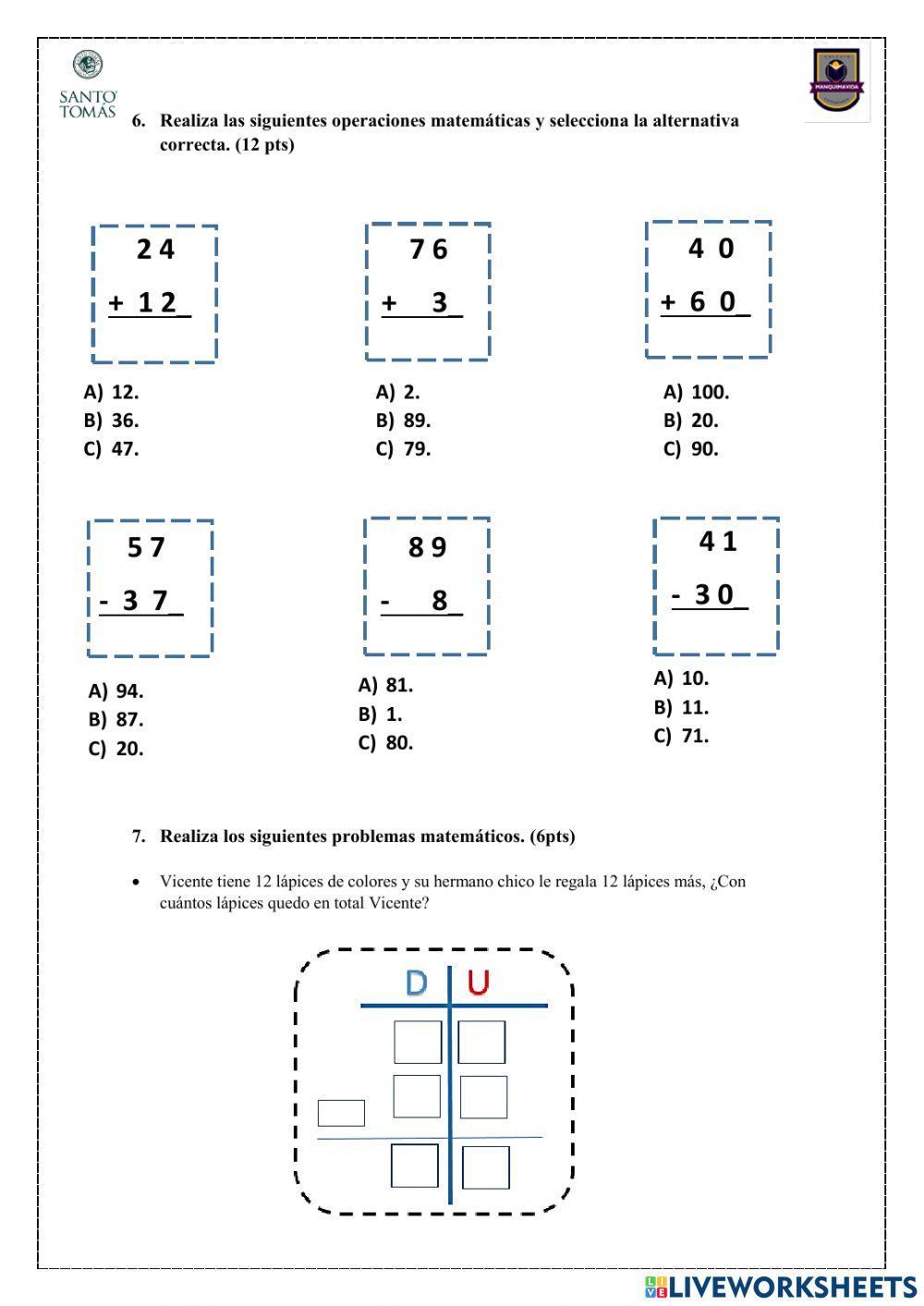 Prueba Matemáticas Segundo Básico