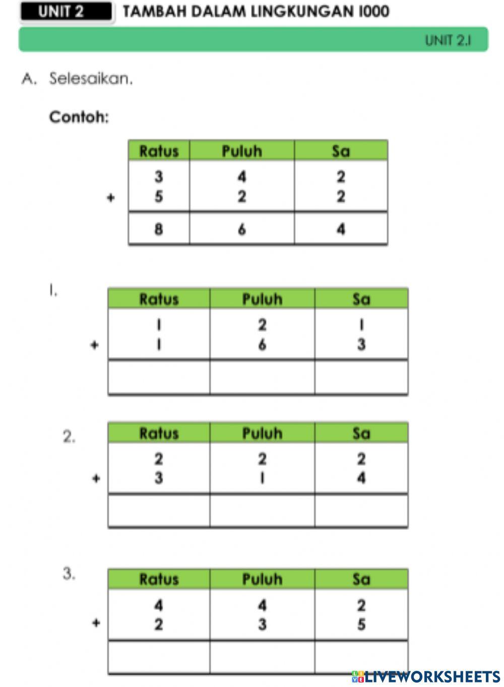 Addition within 1000 live worksheets