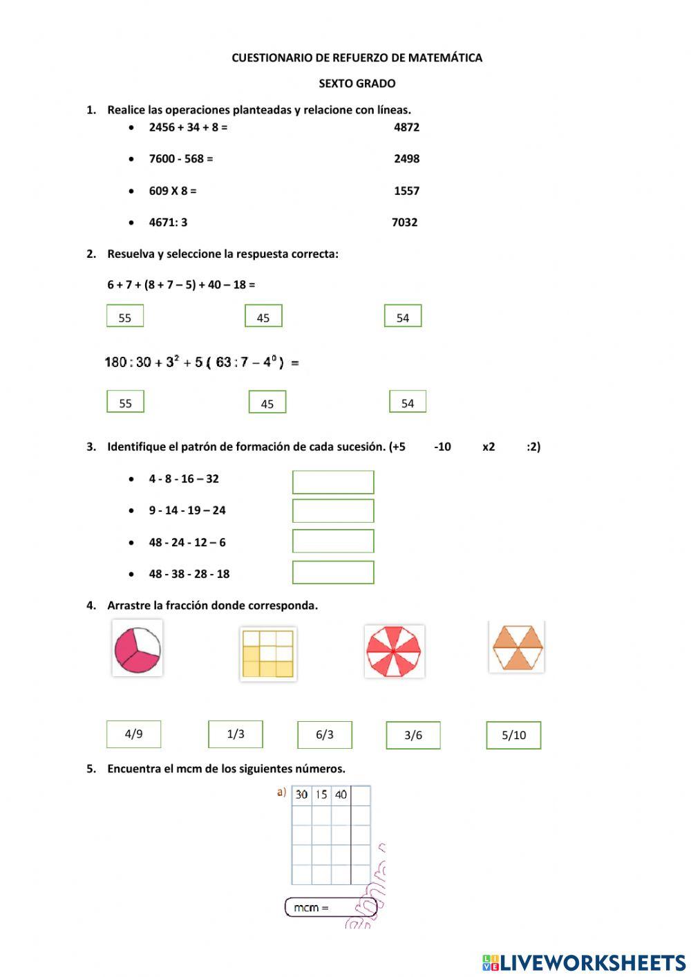 Cuestionario de matemática. 6°