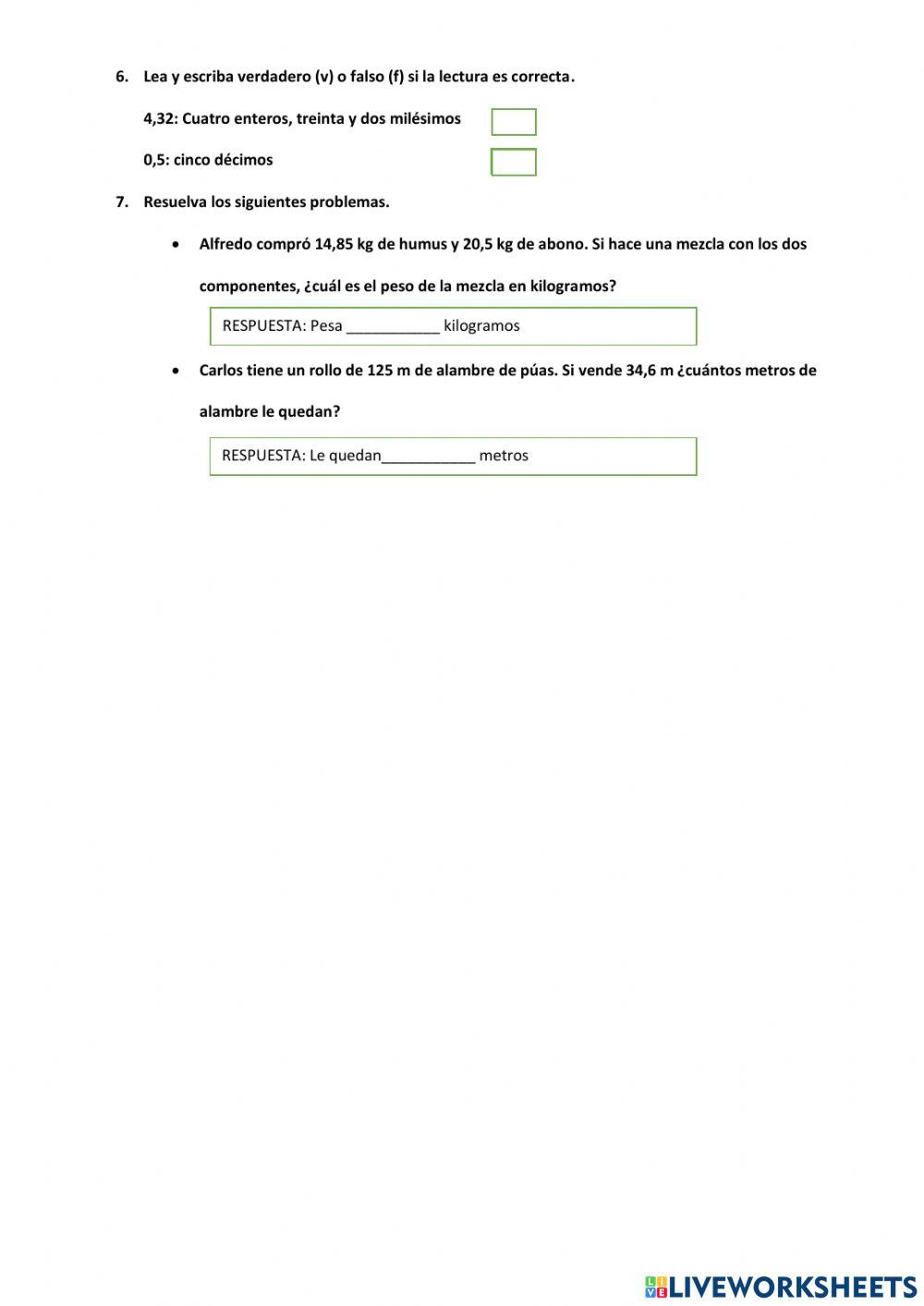 Cuestionario de matemática. 6°