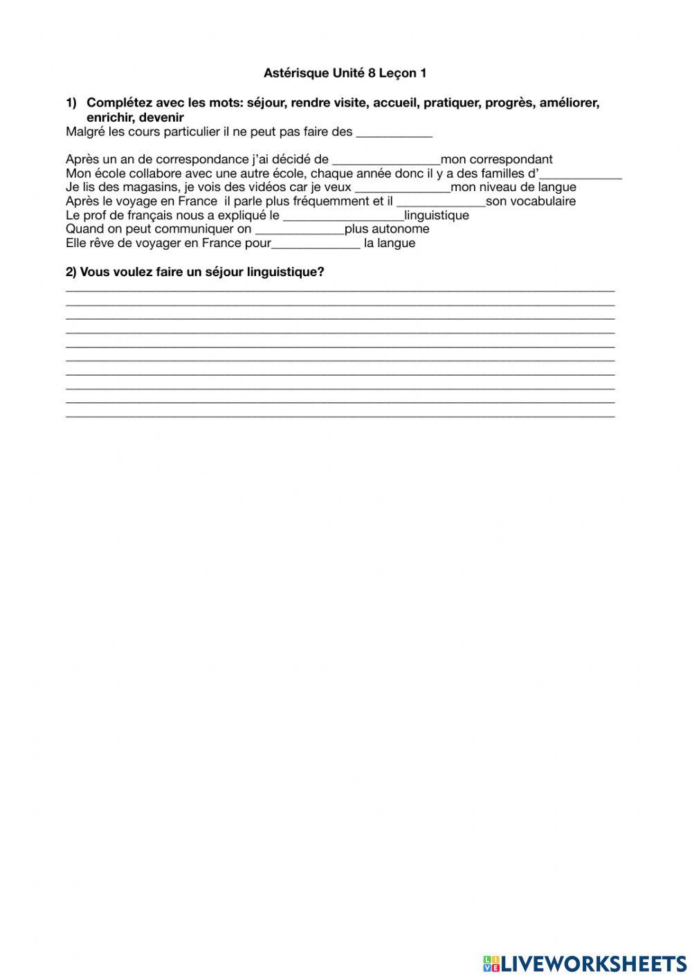 Astérisque 2 unité 8 leçon 1