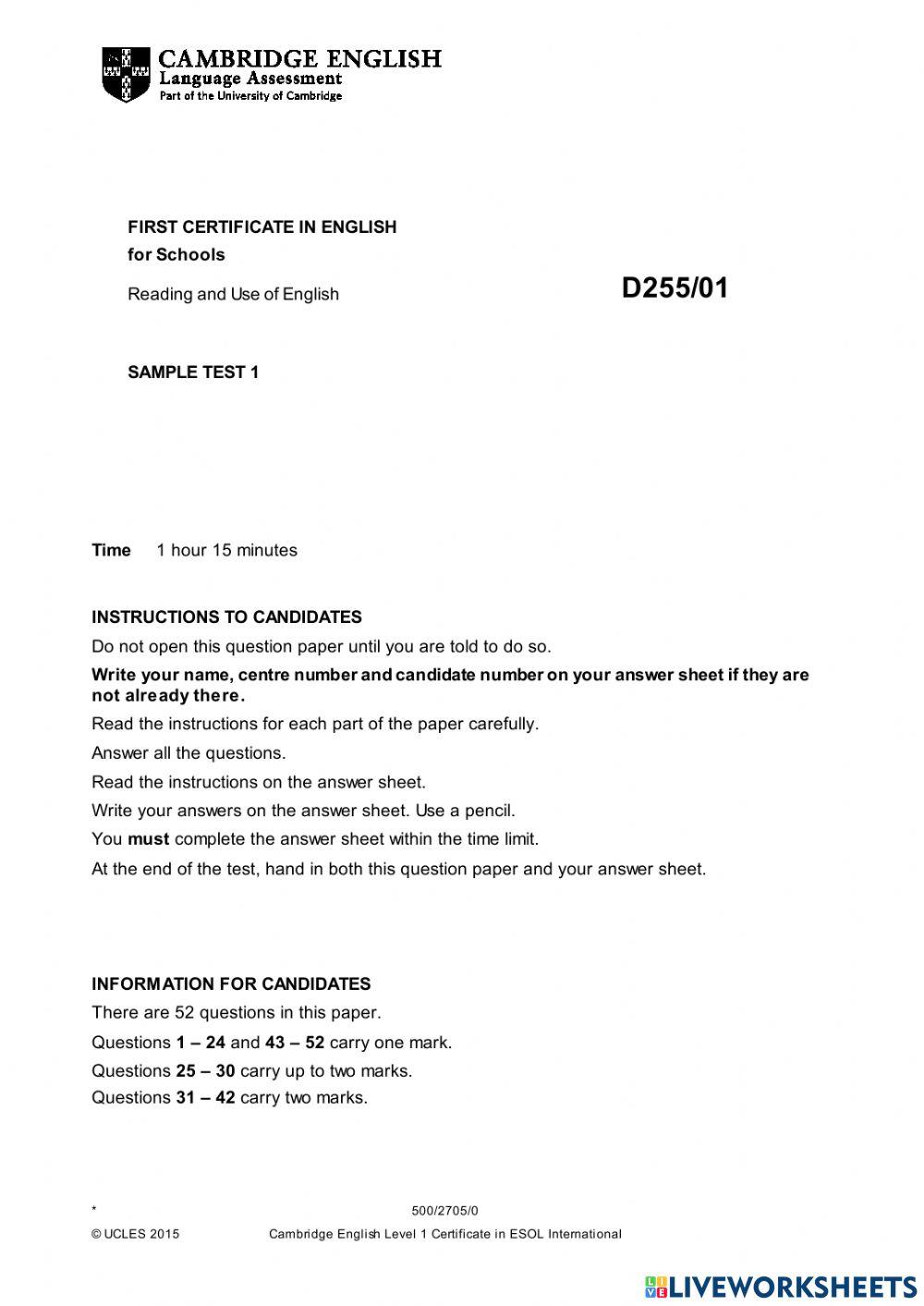 B2 First for Schools (Reading and Use of English)