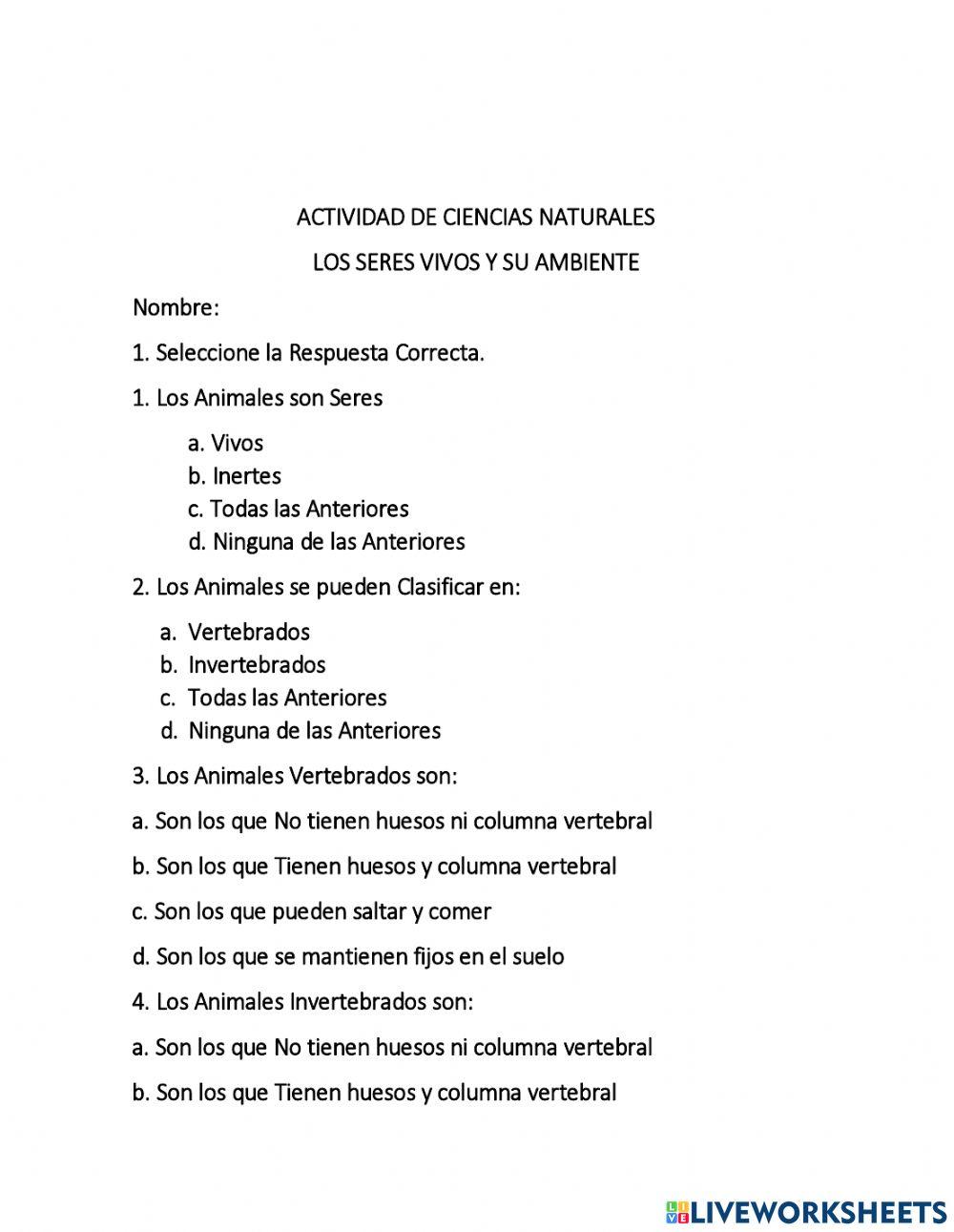 Los Seres Vivos y su Ambiente activity - 106151540451697660001 