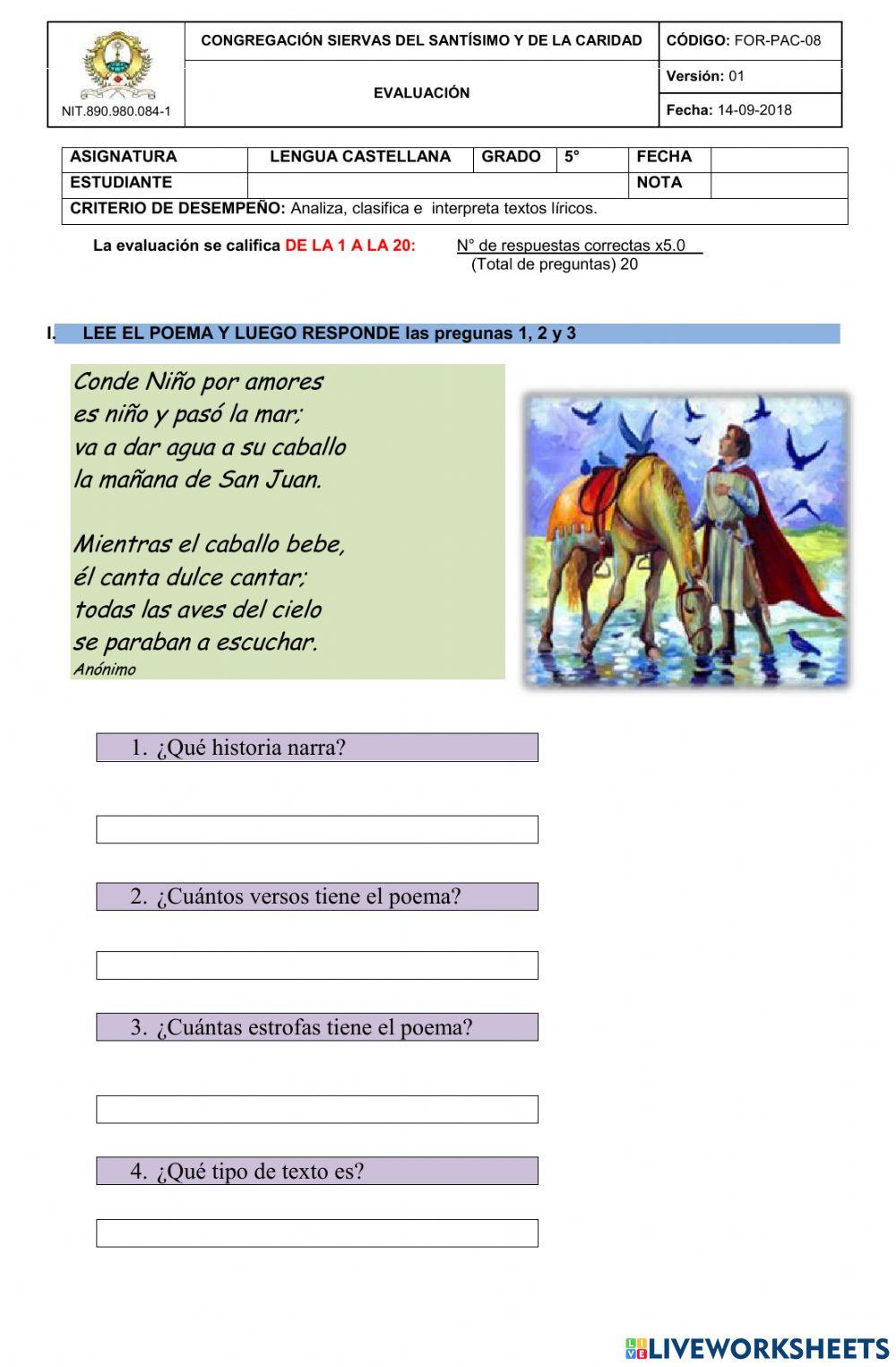 Actividad lúdica-Texto lírico-elementos del poema