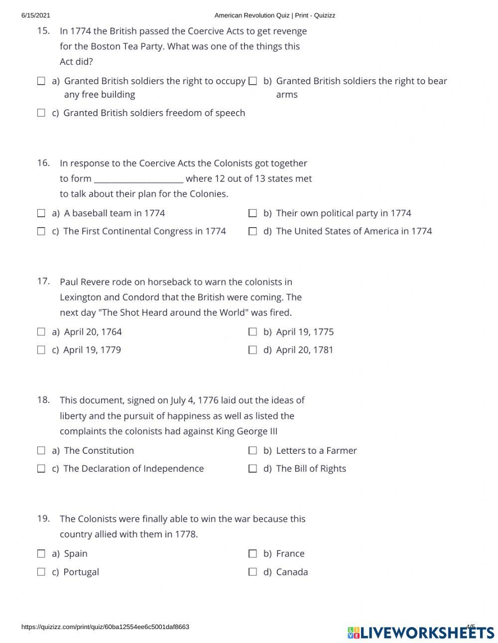 America Revolut… | Free Interactive Worksheets | 6636899