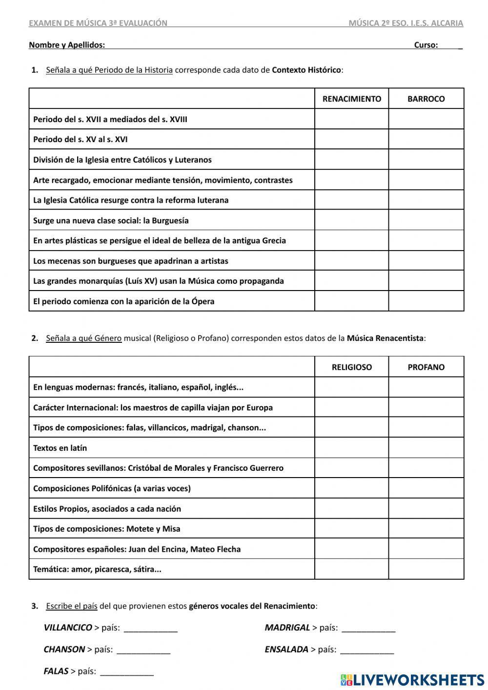 Examen: Música del Renacimiento y del Barroco Examen: Música del Renacimiento y del Barroco