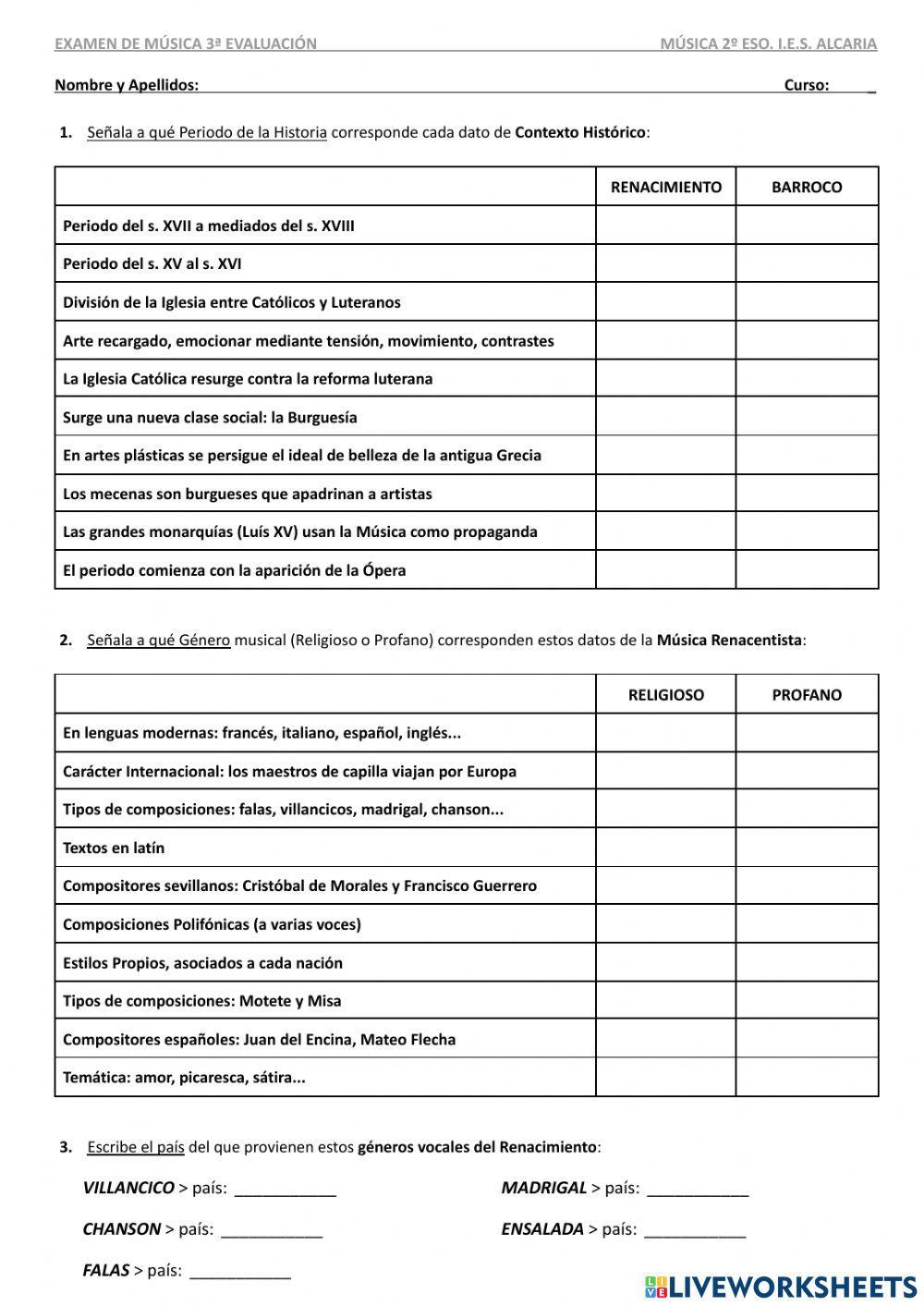 Examen: Música del Renacimiento y del Barroco