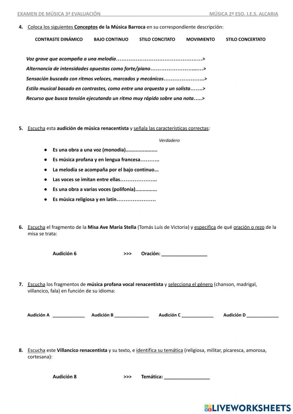 Examen: Música del Renacimiento y del Barroco Examen: Música del Renacimiento y del Barroco