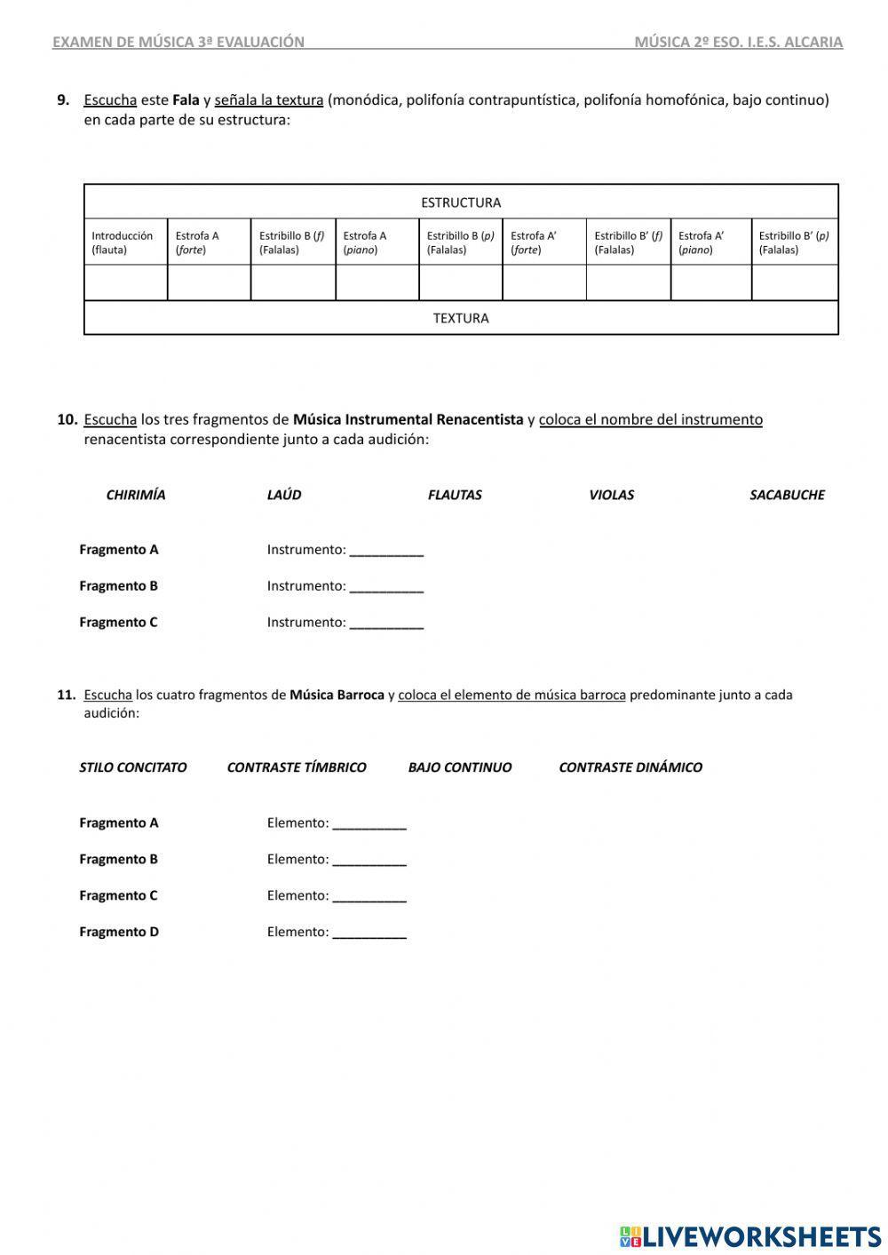 Examen: Música del Renacimiento y del Barroco Examen: Música del Renacimiento y del Barroco