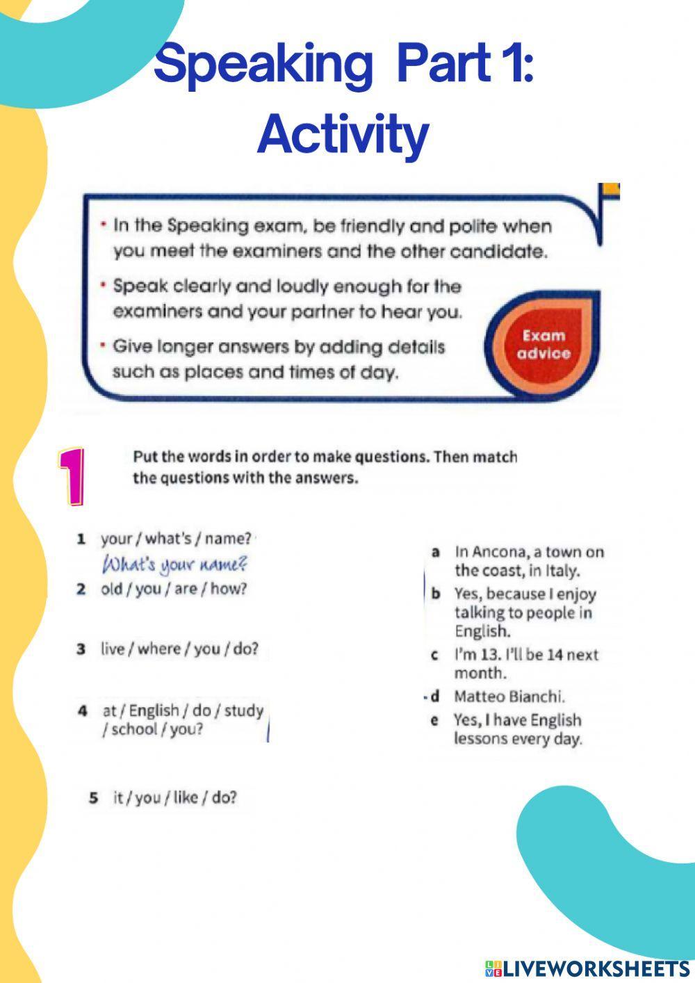 Speaking  Part 1: Activity (B1)