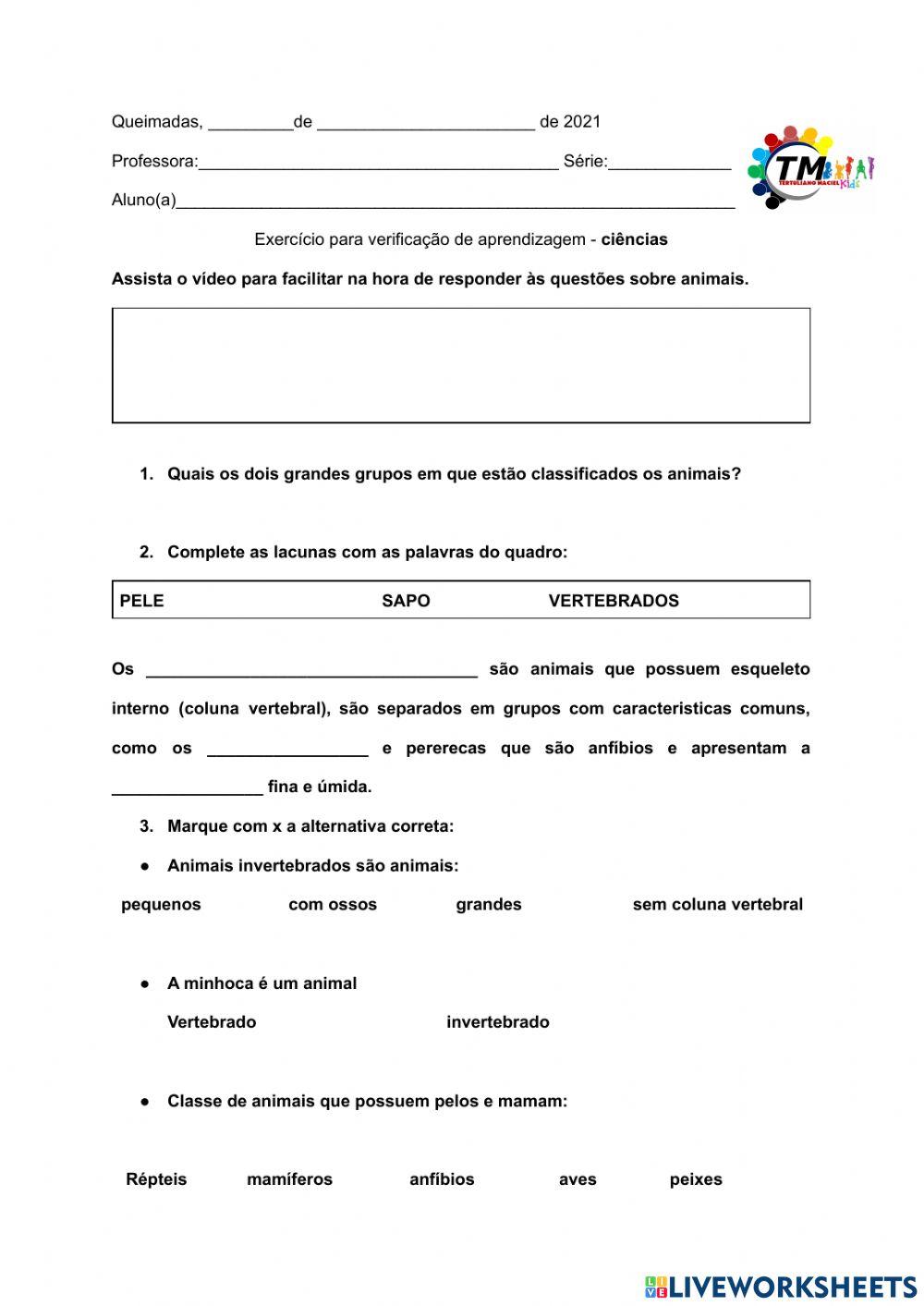 Atividade sobre animais