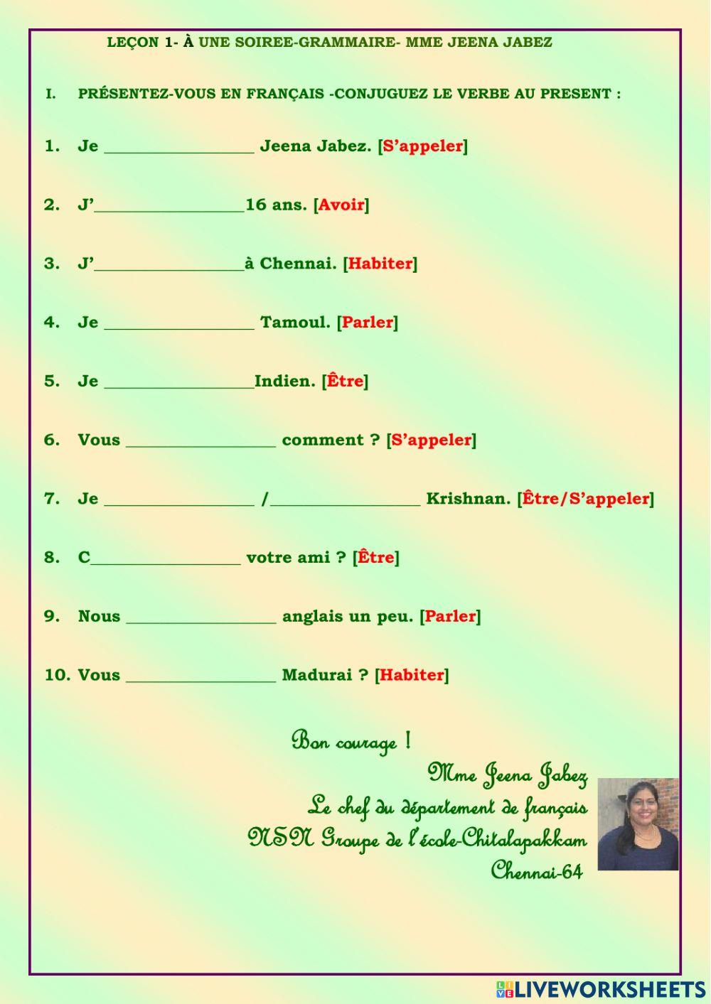 Std XI- Lecon 1- A une soiree- Grammaire-1-Mme Jeena Jabez