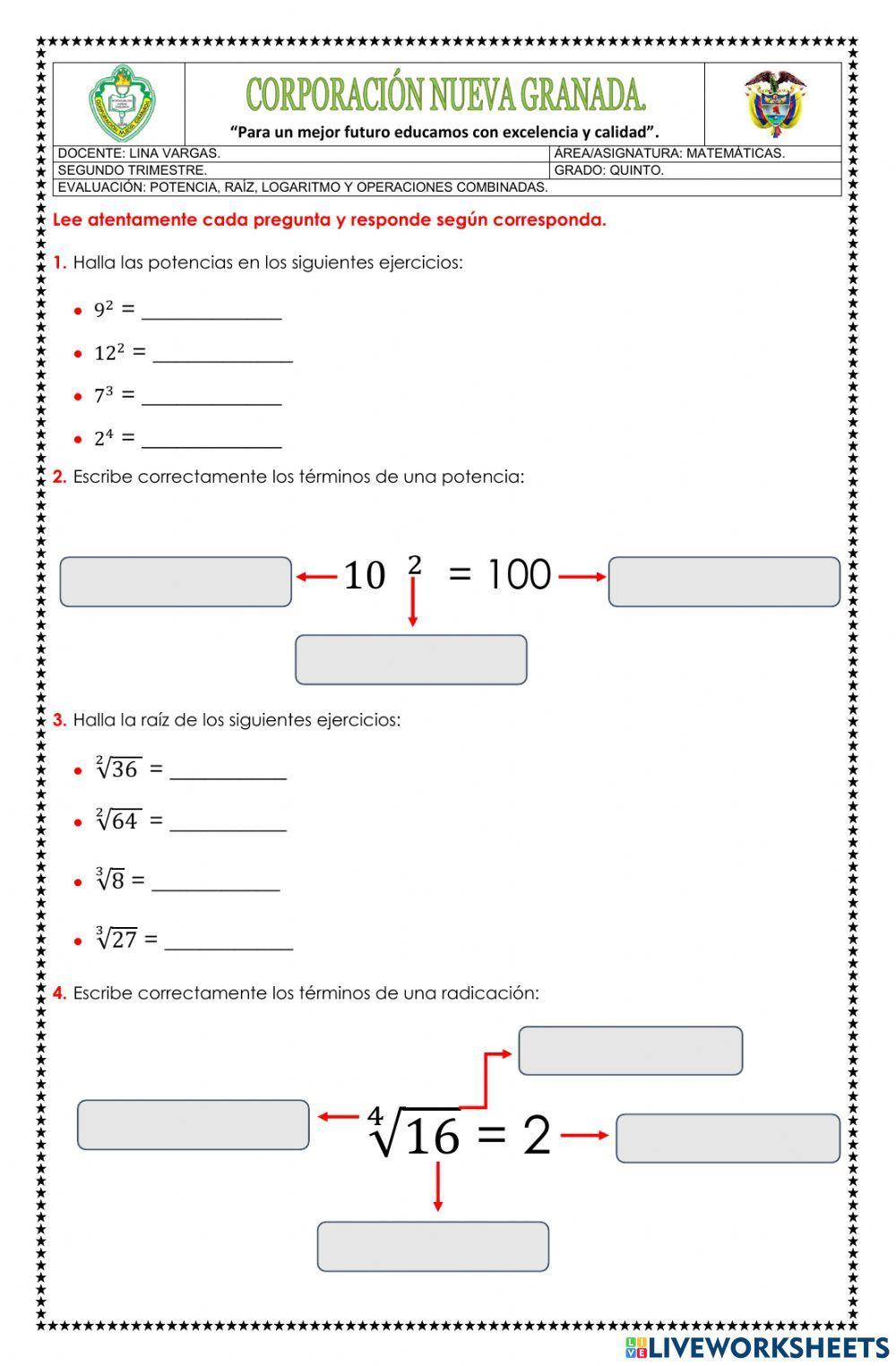 Potencia, raíz, logaritmo y operaciones combinadas