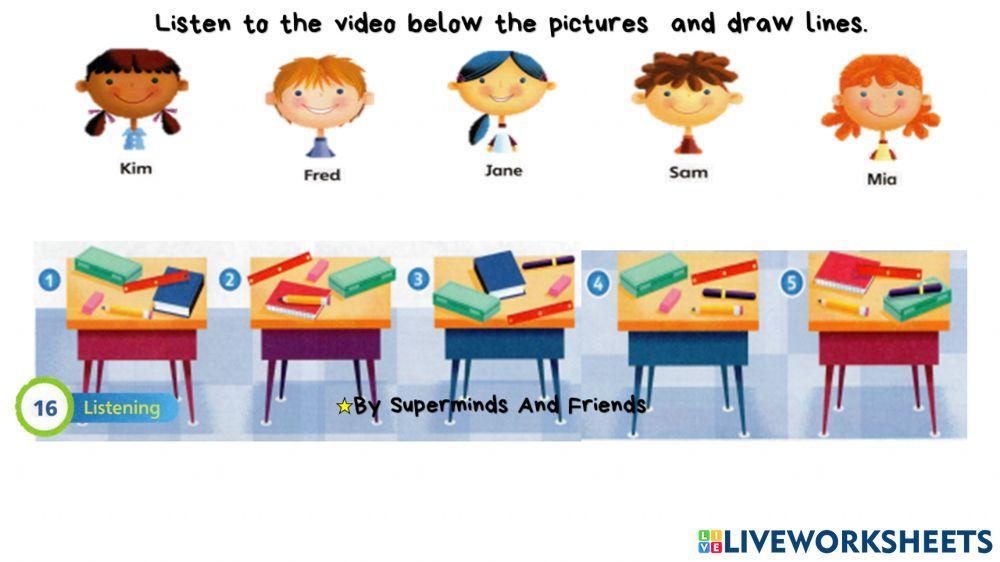 Super minds worksheet unit 1 pg 16 listen and draw lines