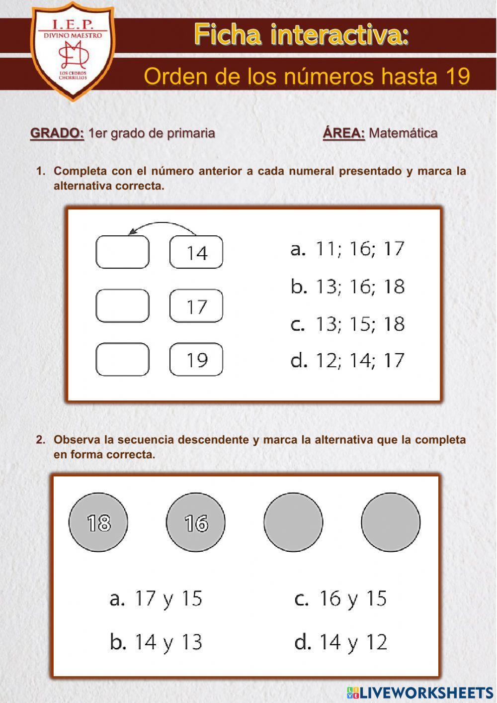 Orden de números hasta 19