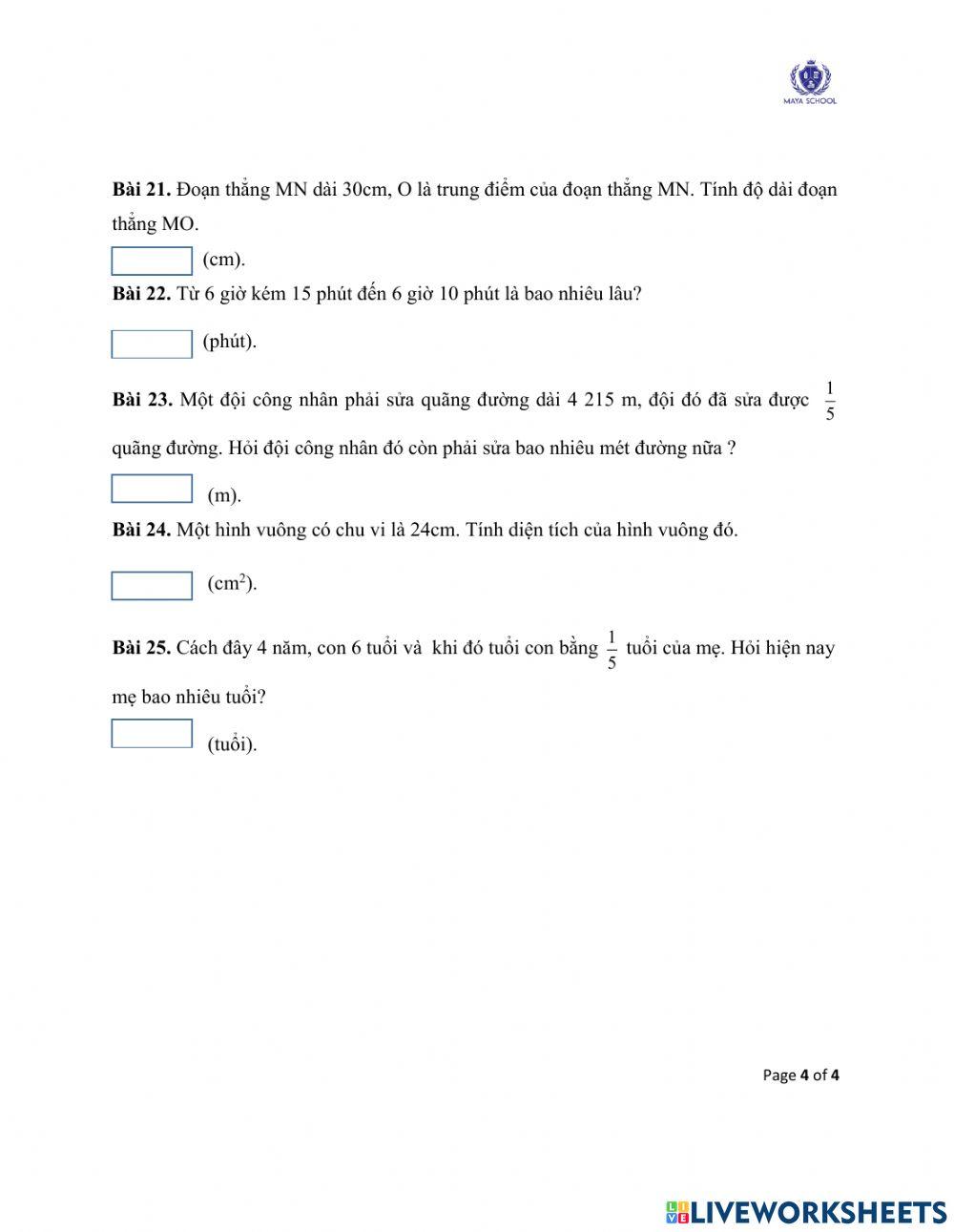 Toán 3 - 21.06.2021 - 25.06.2021 - Ôn tập cuối năm