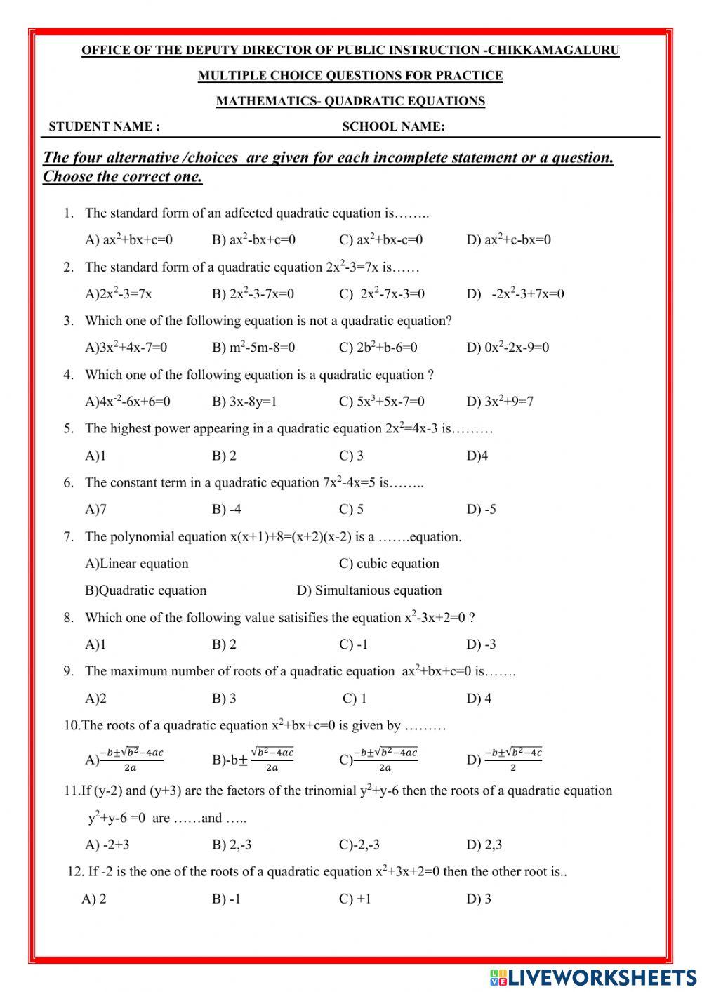1091755 Quadratic Equations Multiple Choice Questions 1091755-quadratic-equations-multiple-choice-questions