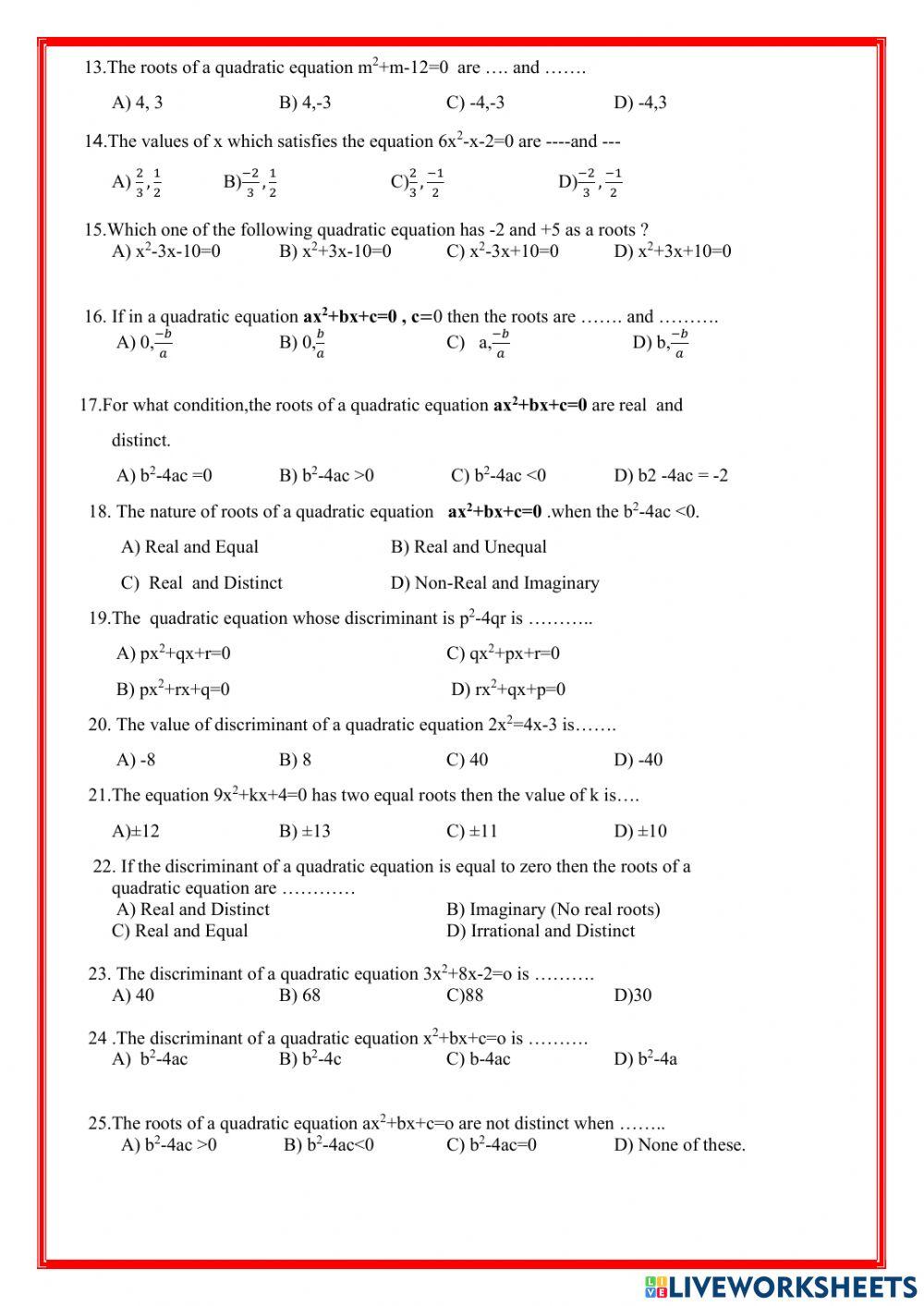 1091755 quadratic equations multiple choice questions