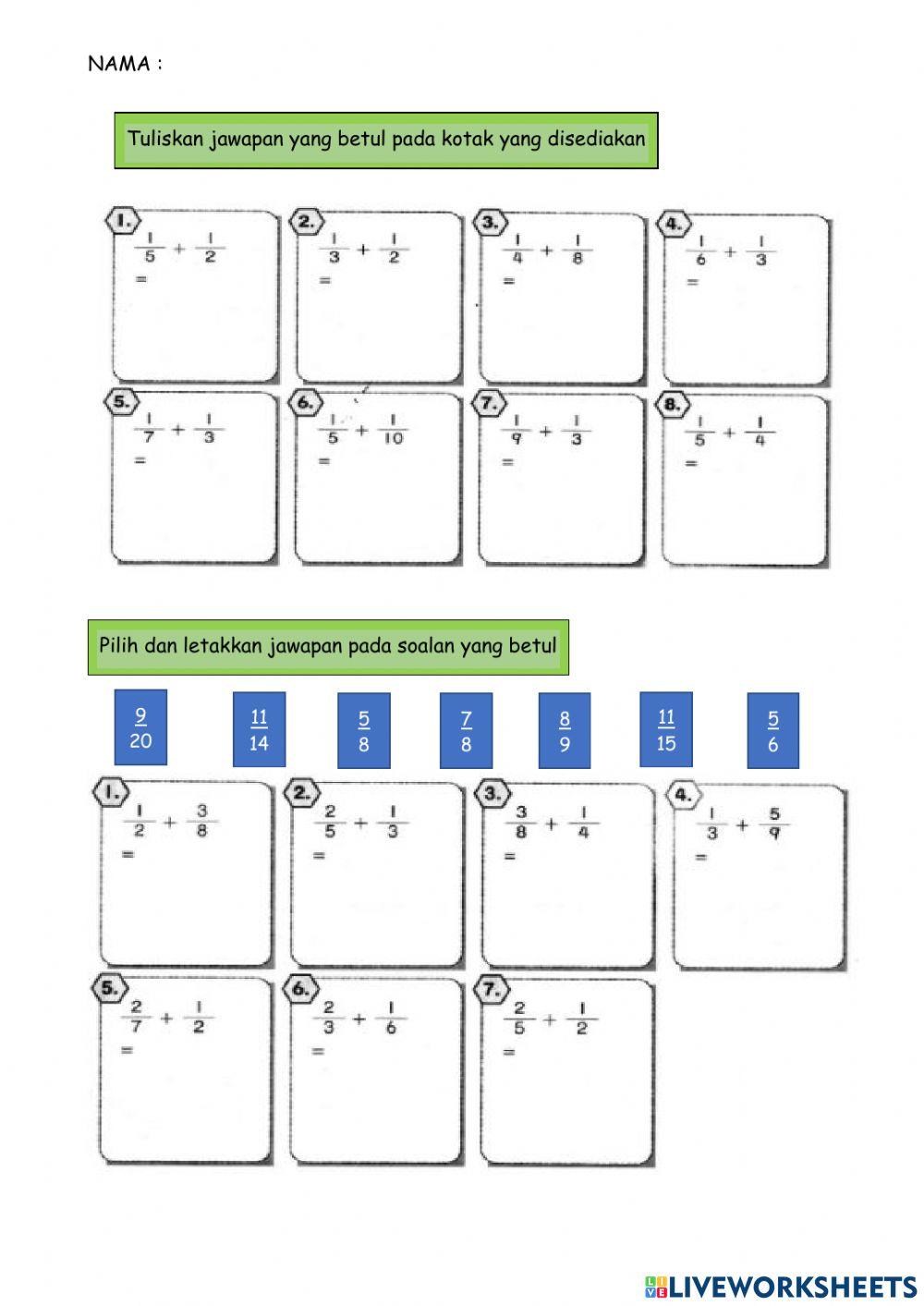 Penambahan pecahan tahun 3