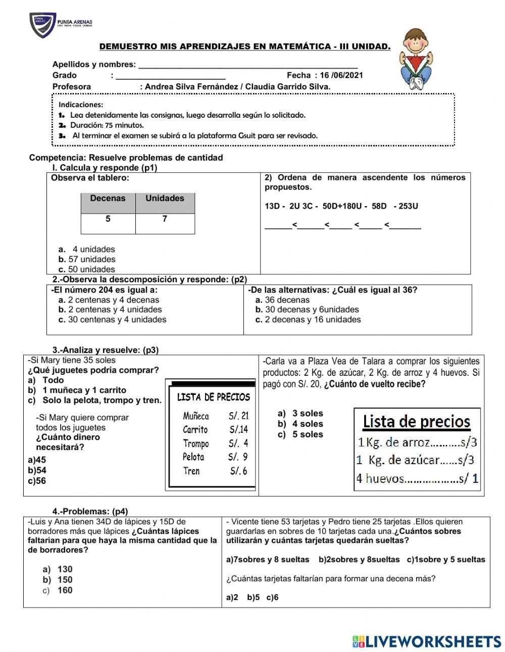 Prueba de Matemática.