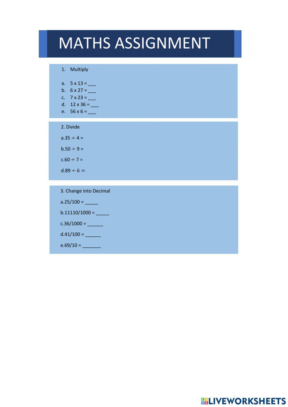 Maths assignment worksheet | Live Worksheets