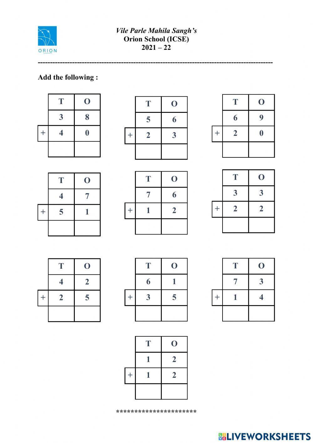 Addition of 2 digit numbers without regrouping