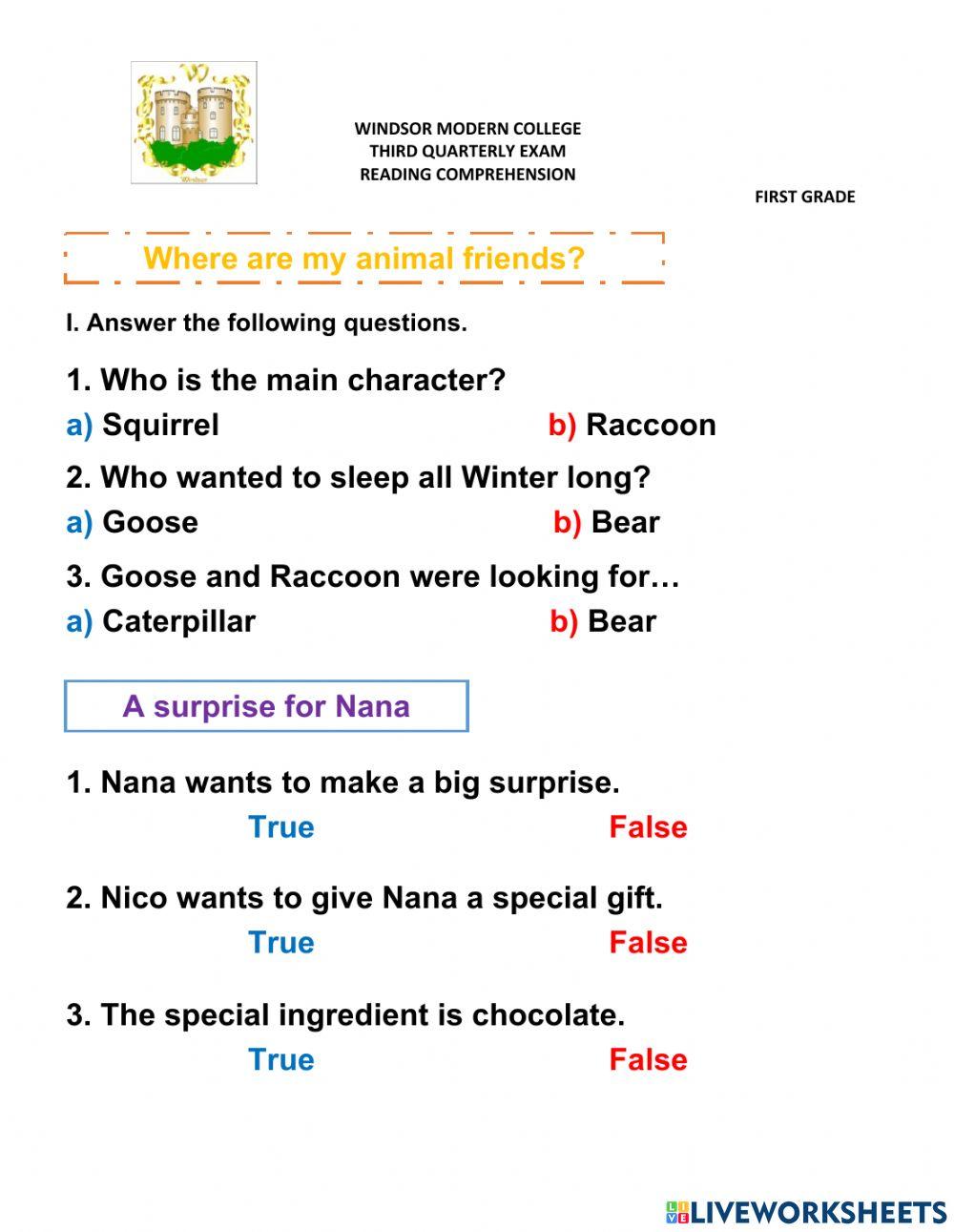 Reading Comprehension quarterly exam 3