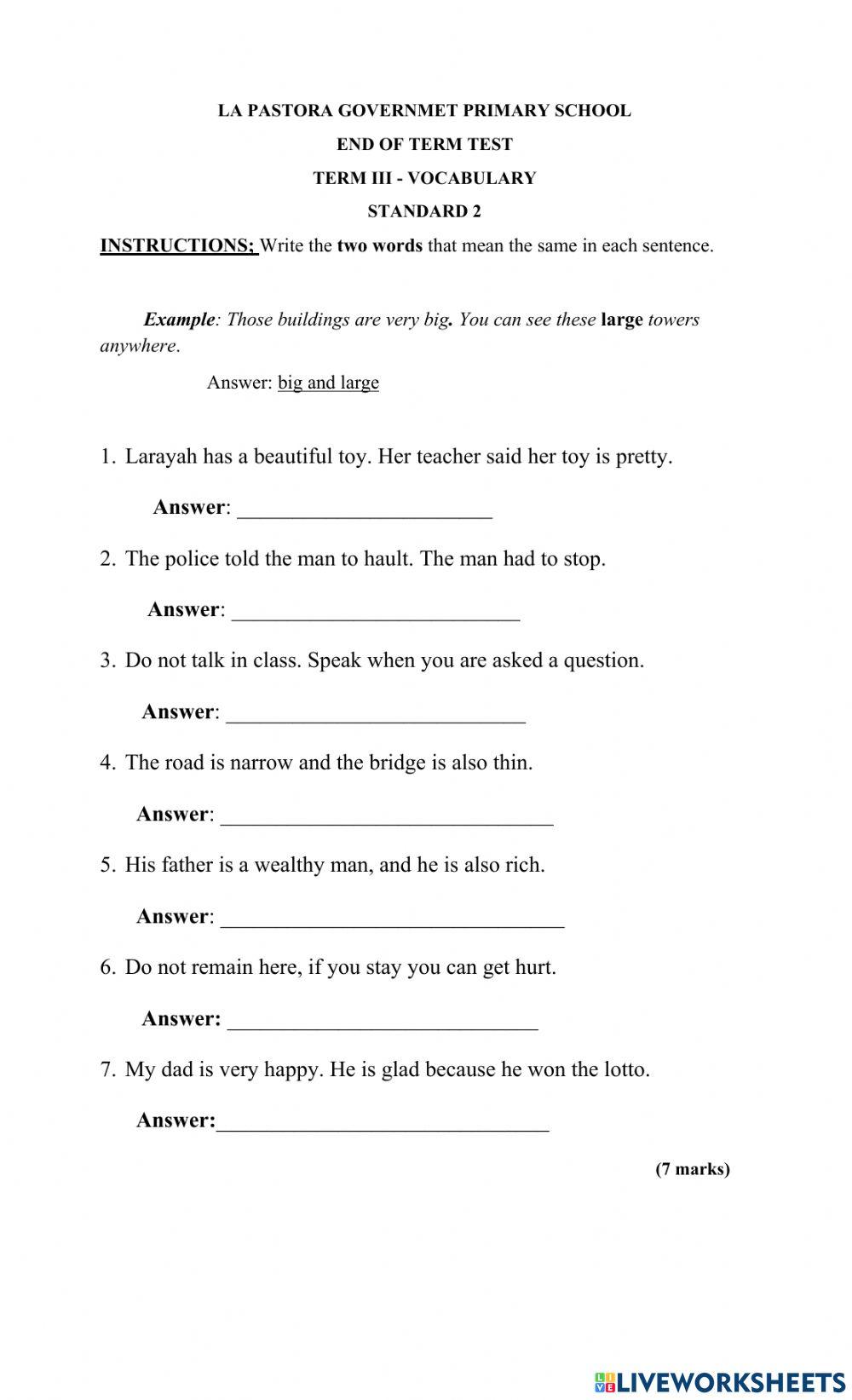 Grade 2 Vocabulary online exercise for | Live Worksheets