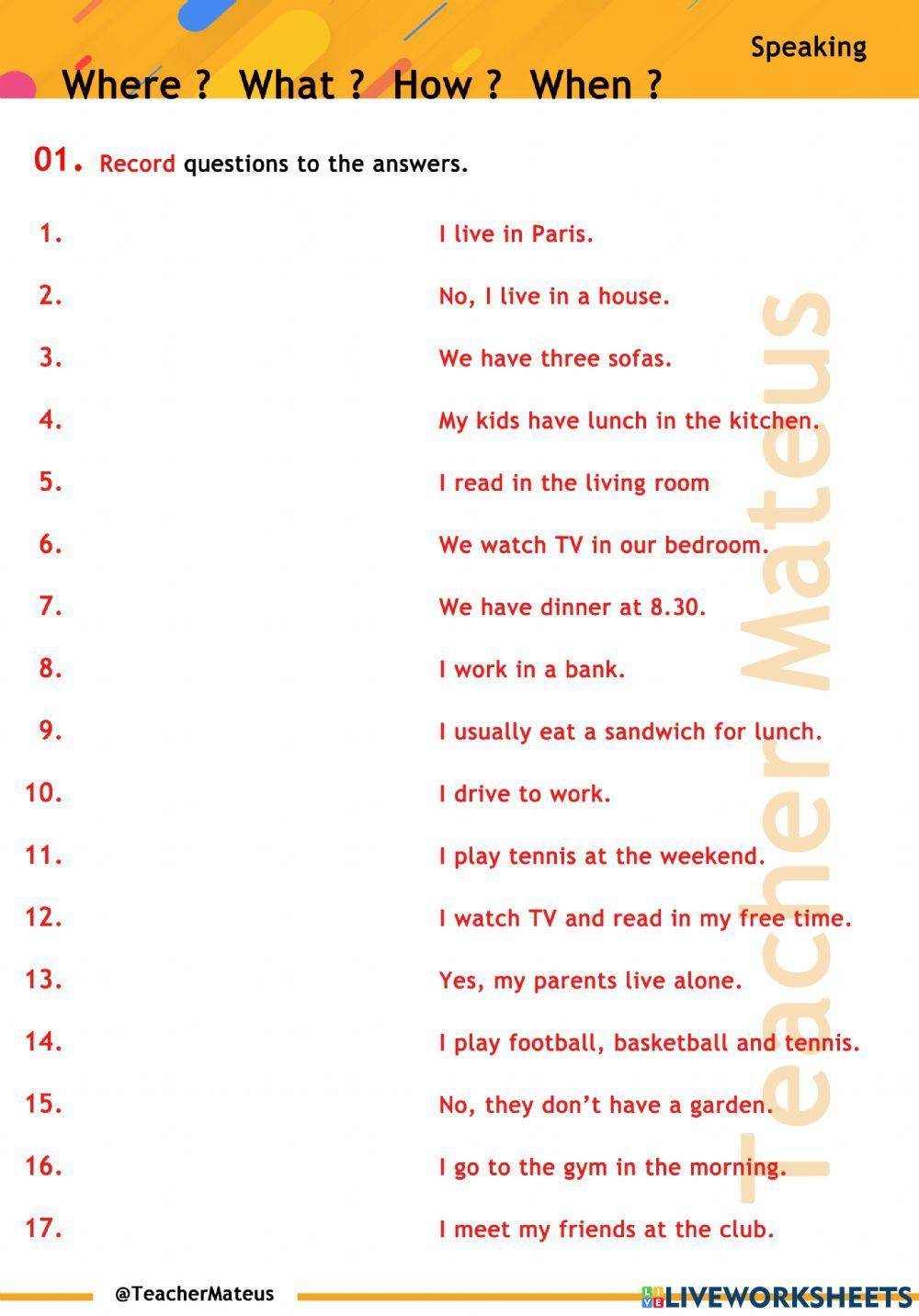 PRESENT SIMPLE - S.V.O. - Making Questions - Where - SPEAKING