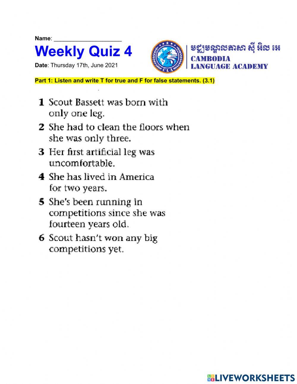 Weekly Quiz 4 CLA