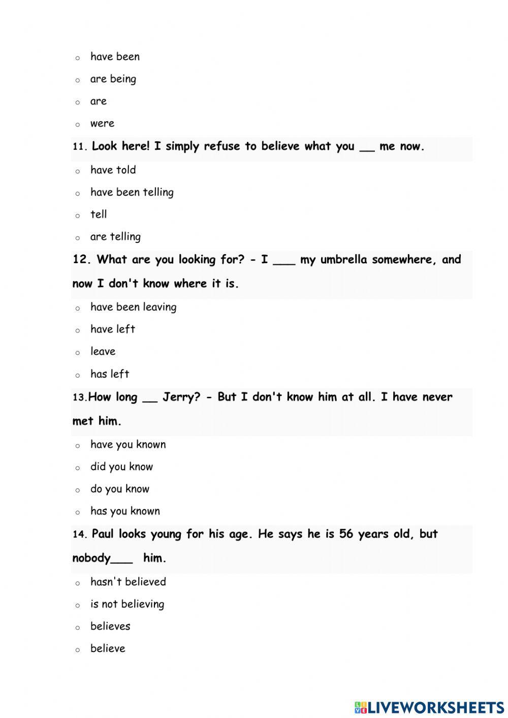 Present Tenses Test online exercise for Live Worksheets