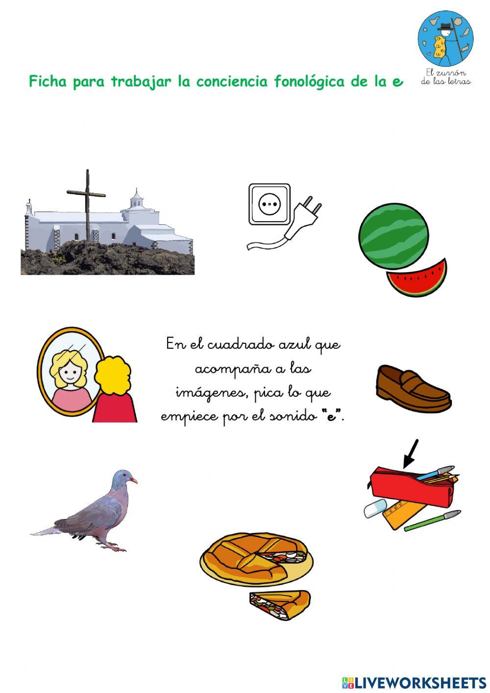 Ficha interactiva para trabajar conciencia fonológica del sonido “e” (El zurrón de las letras)