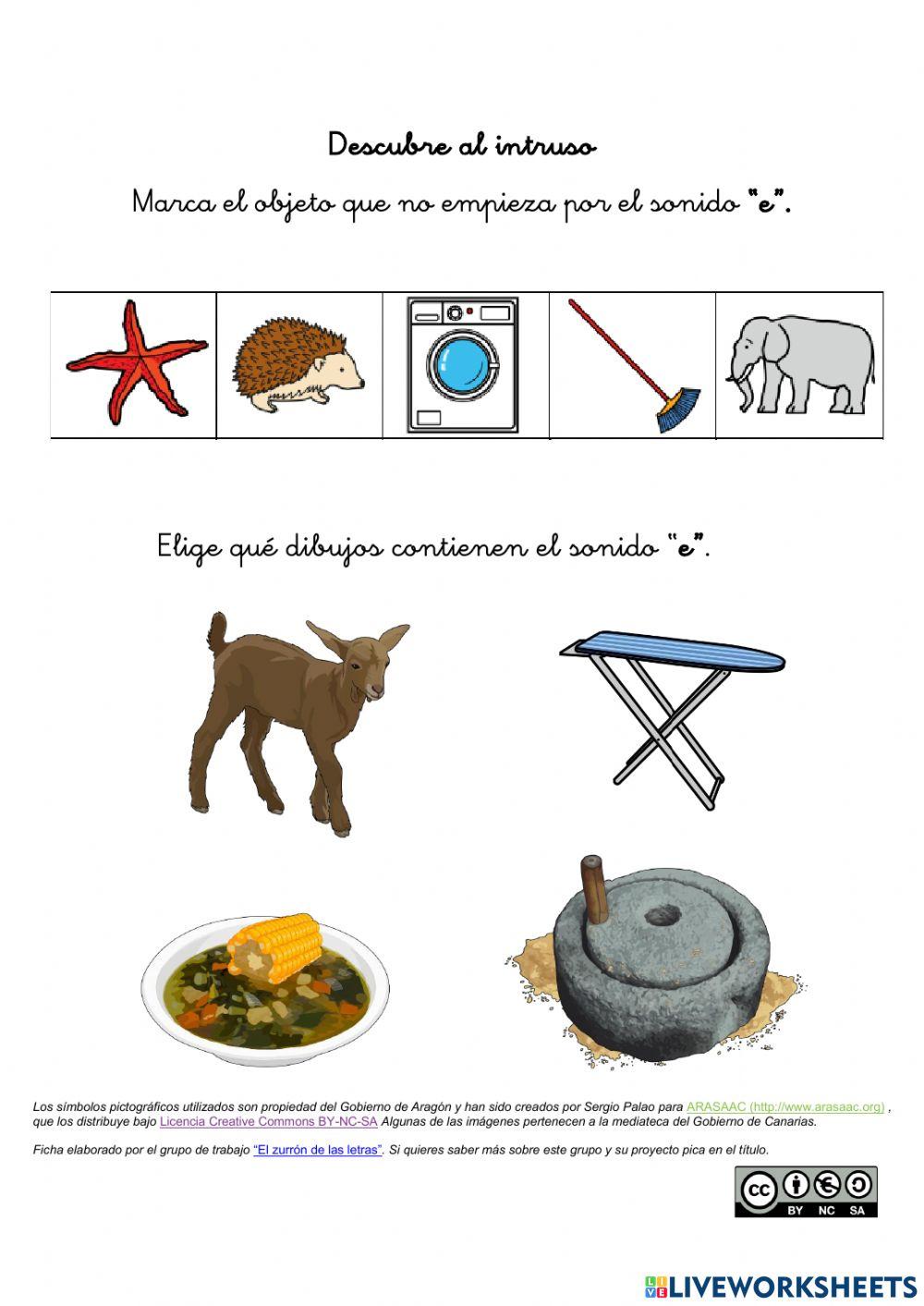 Ficha interactiva para trabajar conciencia fonológica del sonido “e” (El zurrón de las letras)