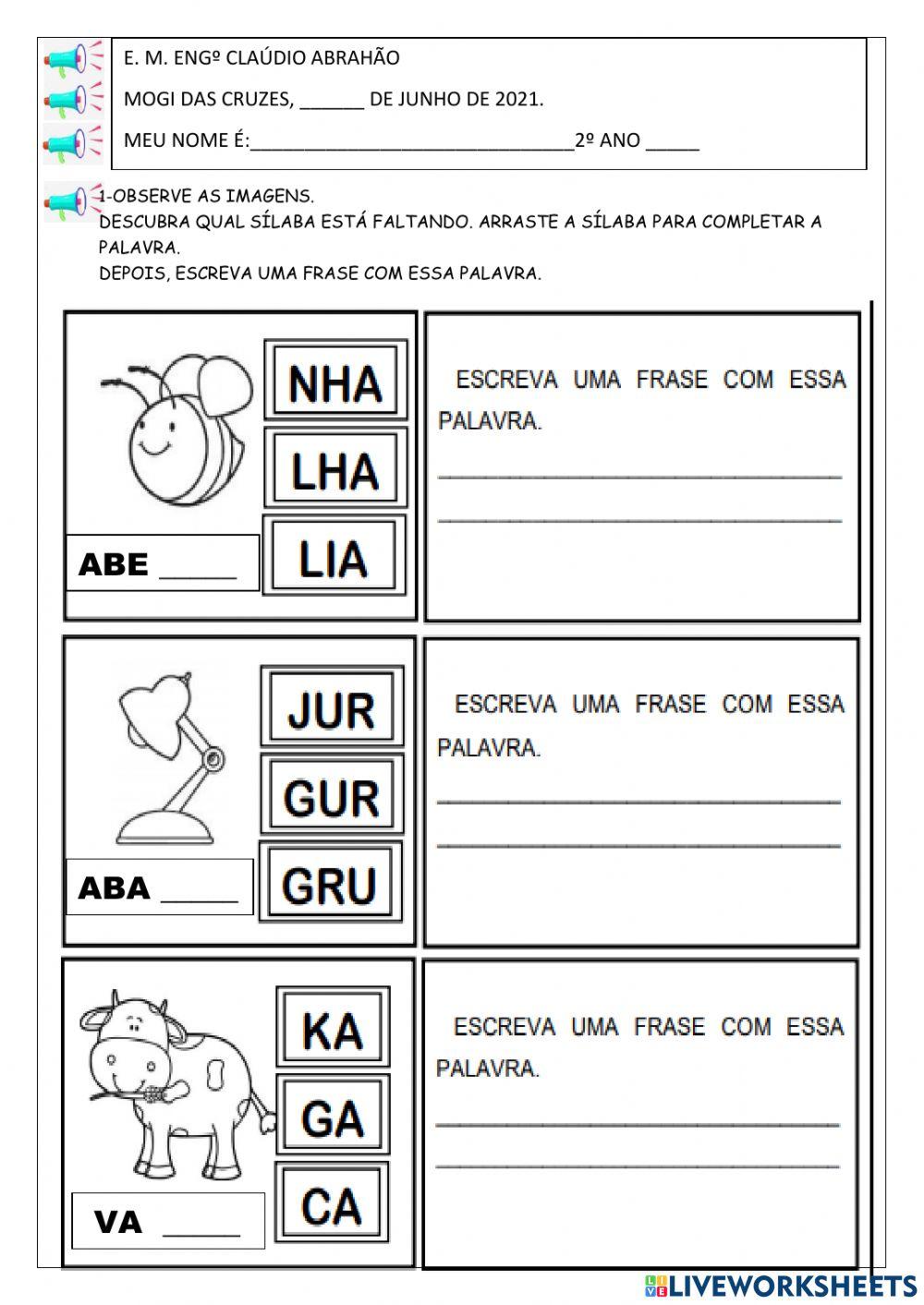 Completando palavras e escrevendo frases