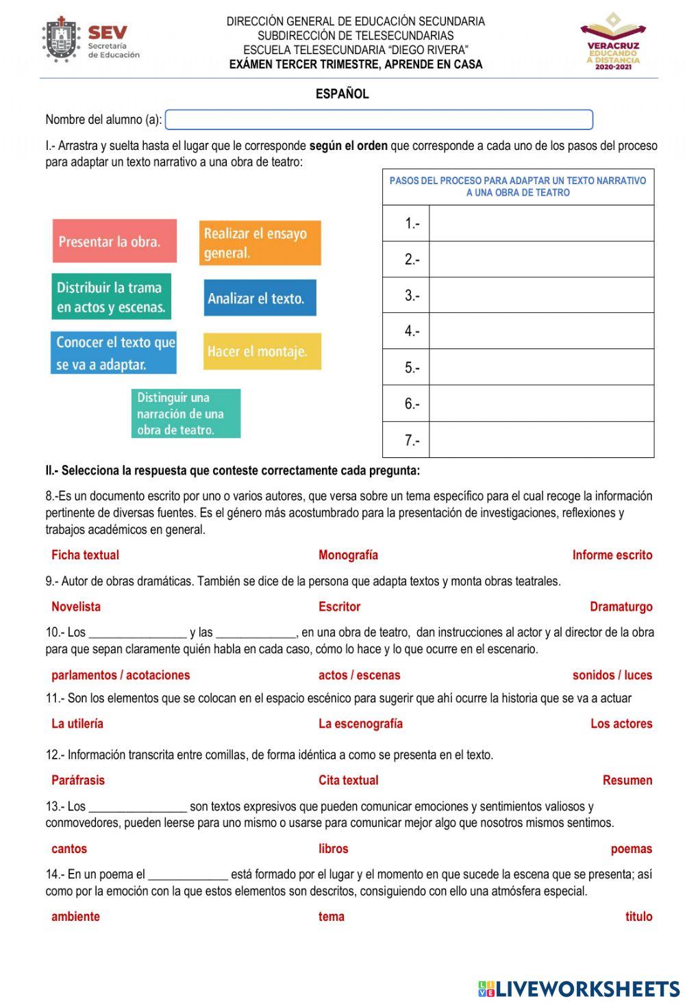 Examen de españor tercer bimestre