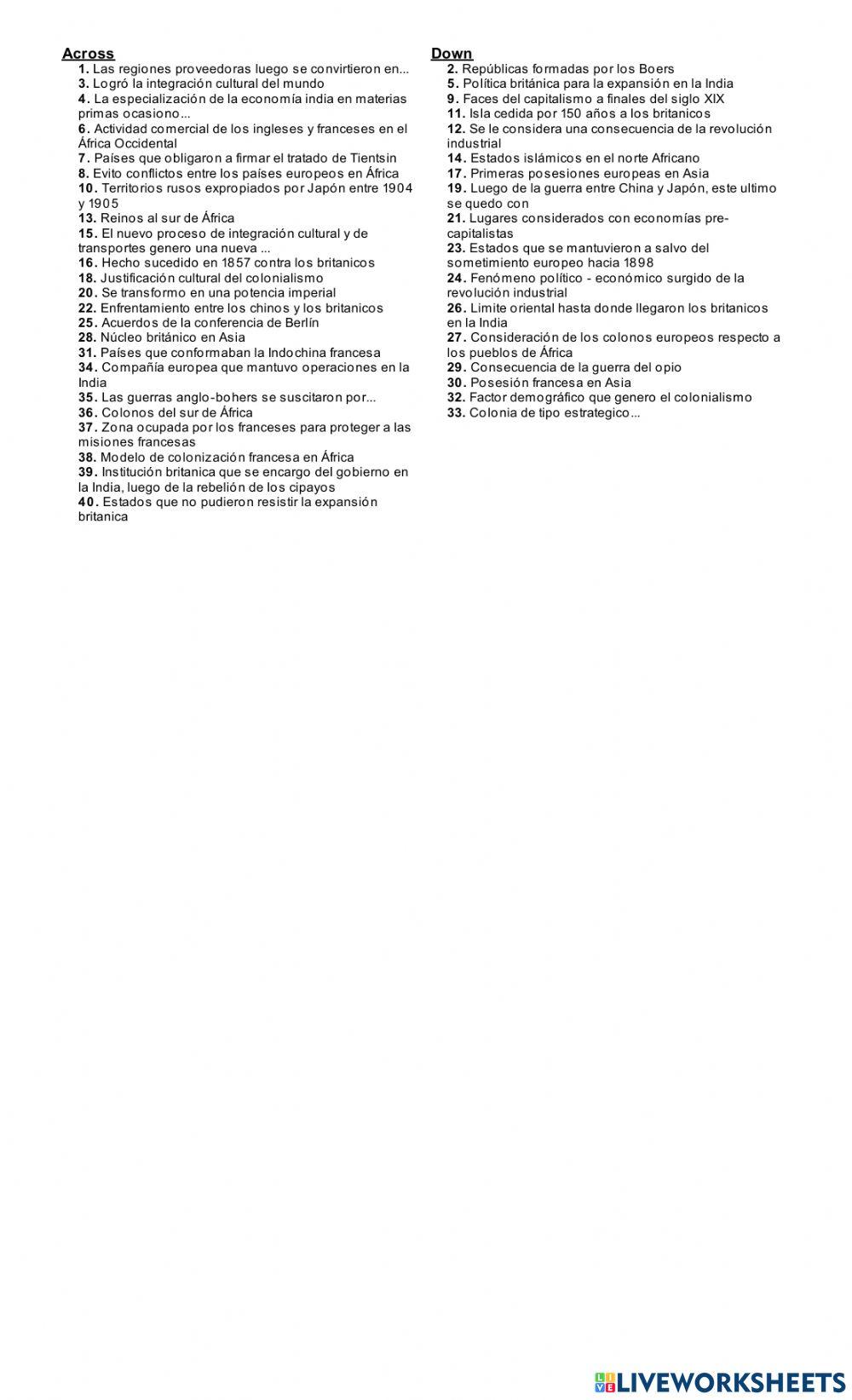 Crucigrama: IMPERIALISMO EUROPEA- EXPANSION COLONIAL AFRICA-ASIA