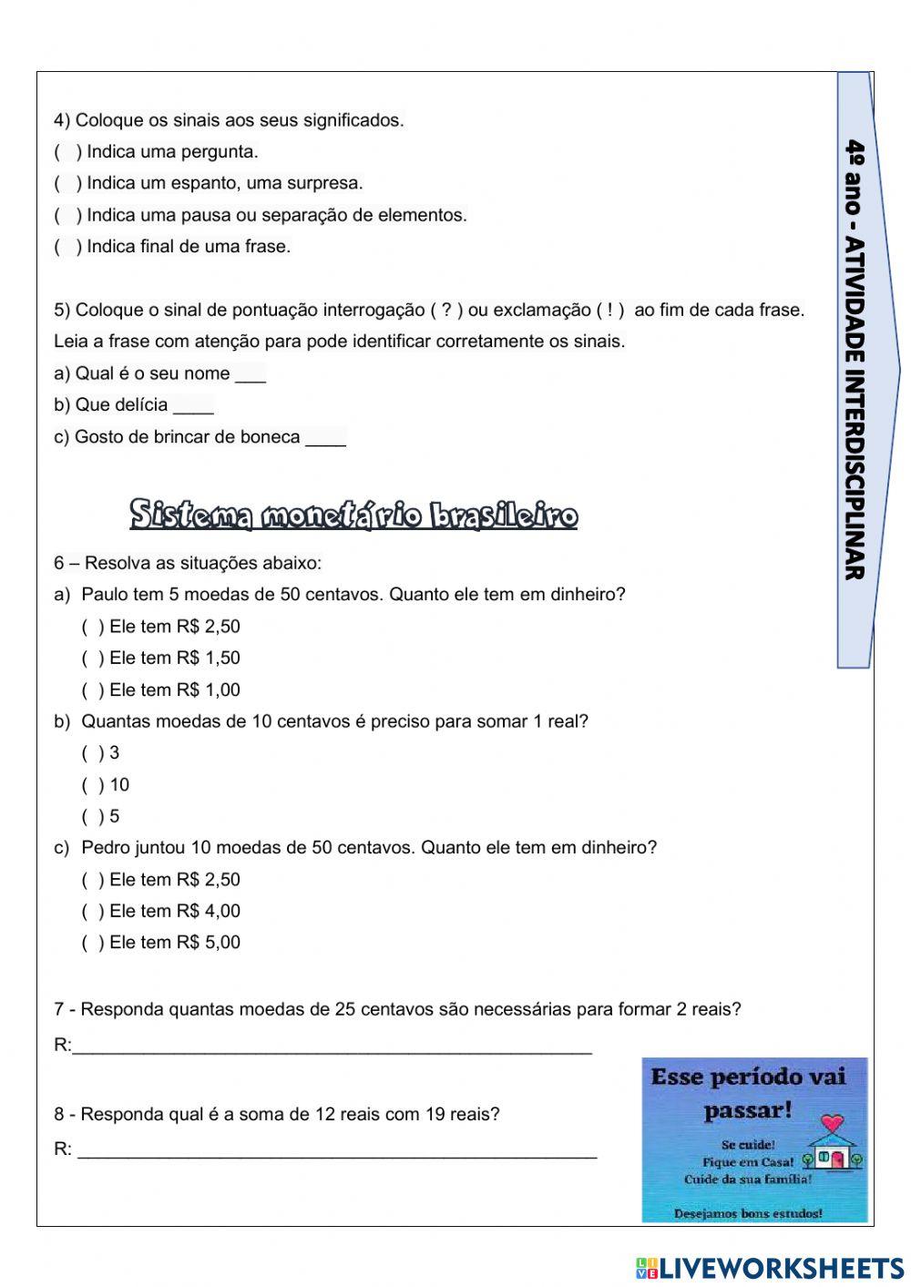 Atividade interdisciplinar - Clima DF, Sistema monetário, valor posicional dos números, sinais de pontuação