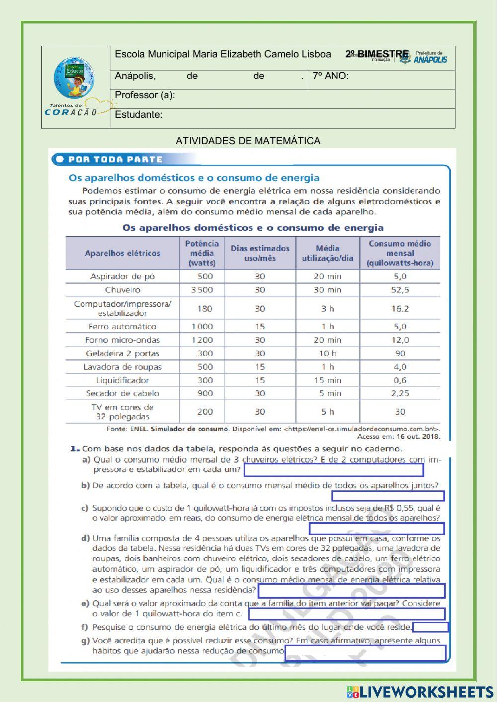 Atividades de matemática -multiplicação e média