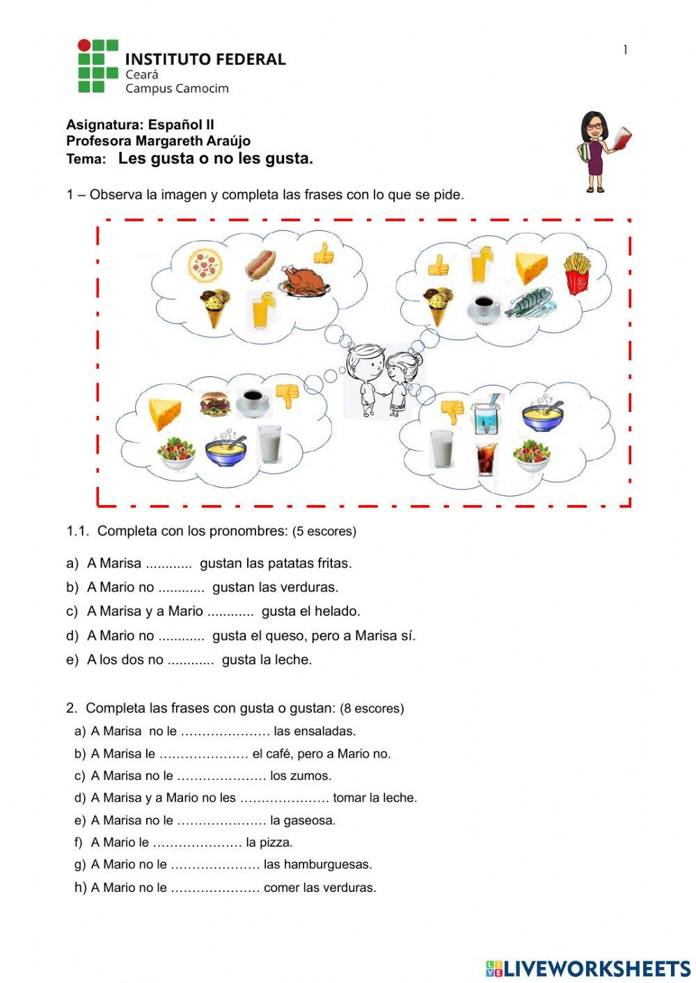 Verbo gustar interactive activity Live Worksheets