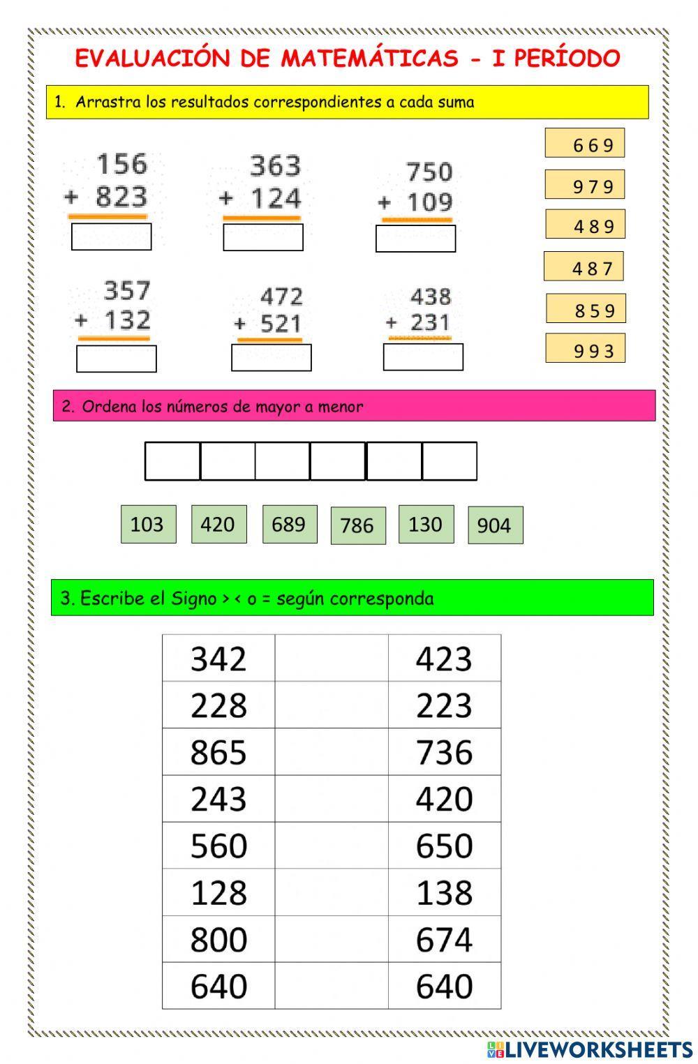 Evaluación de Matemáticas - I periodo