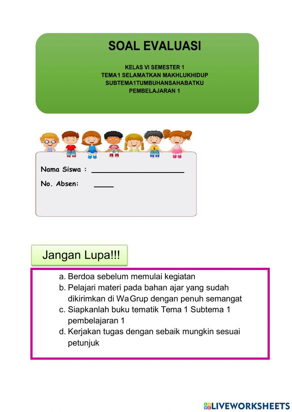 Soal Evaluasi Tema 1 Sub 1 Pemb. 1