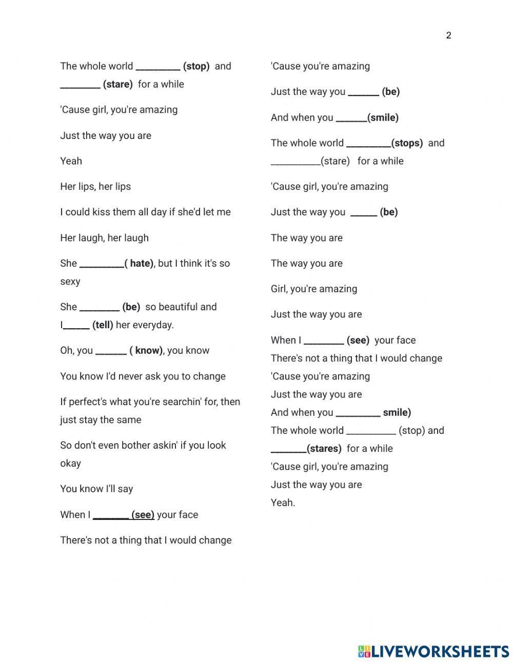 The Simple Present with Songs- Just the Way You Are by Bruno Mars