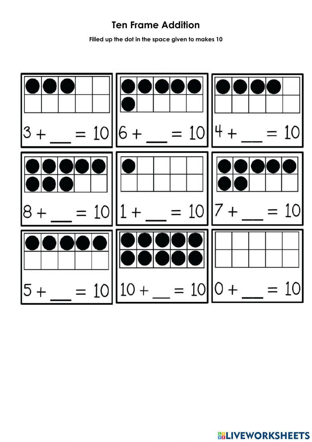 Ten frame addition 20 worksheet