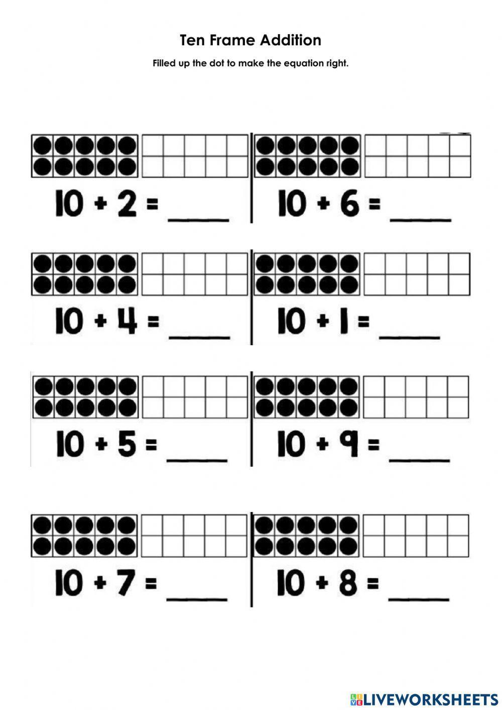 Ten frame addition 20 worksheet
