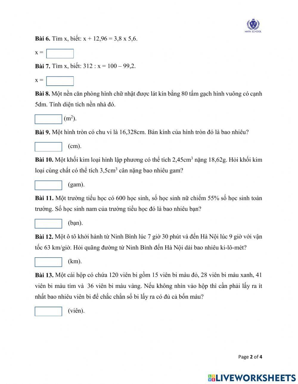 Toán 5 - 21.06.2021 - 25.06.2021 - Ôn tập cuối năm