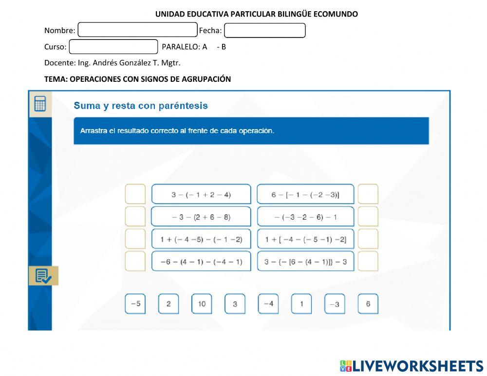 Operaciones de adición y sustracción de Enteros
