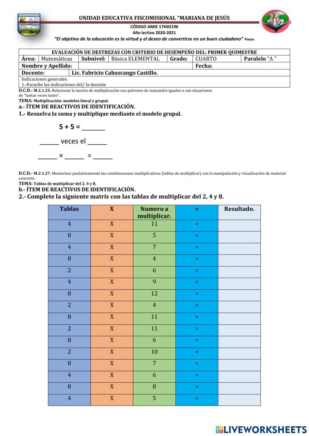 Evaluación de Matemática Cuarto A Q, II-P, II