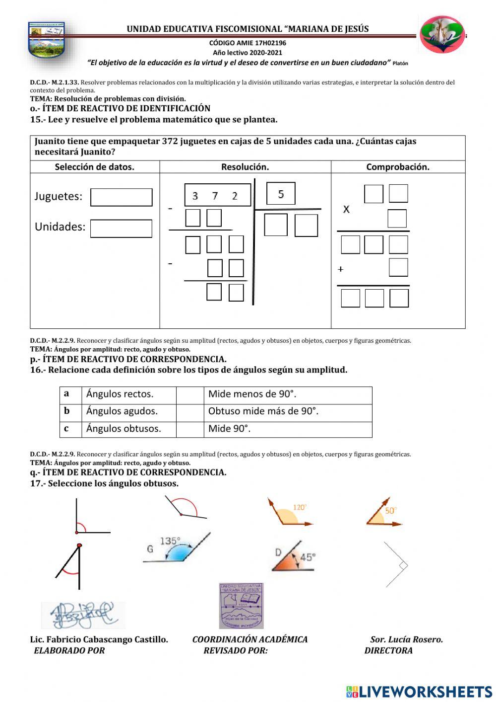 Evaluación de Matemática Cuarto A Q, II-P, II