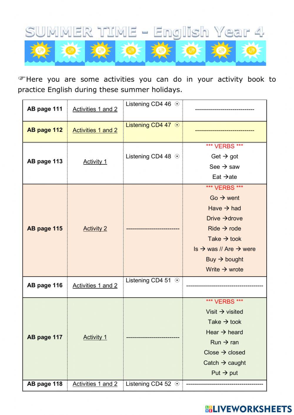 English Year 4 - Summer Holidays